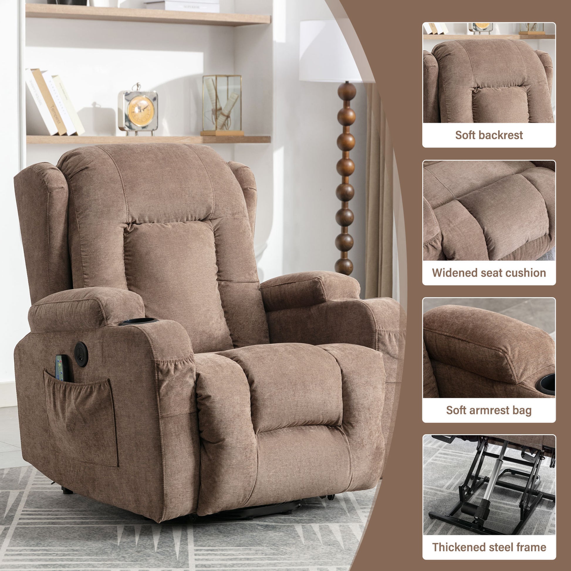 Power Lift Recliner Chair Recliners For Elderly With Heat And Massage Recliner Chair For Living Room With Infinite Position And Side Pocket,Usb Charge Port Brown Brown Power Push Button Soft Heavy Duty Cotton Wood Metal