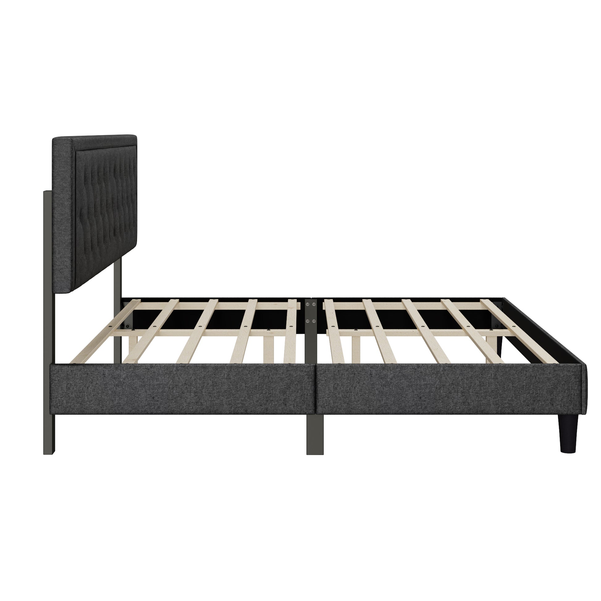 King Size Panel Bed Frame With Adjustable Button Tufted Headboard For Bedroom Linen Upholstered Wood Slat Support Easy Assembly,Dark Grey Dark Grey Wood