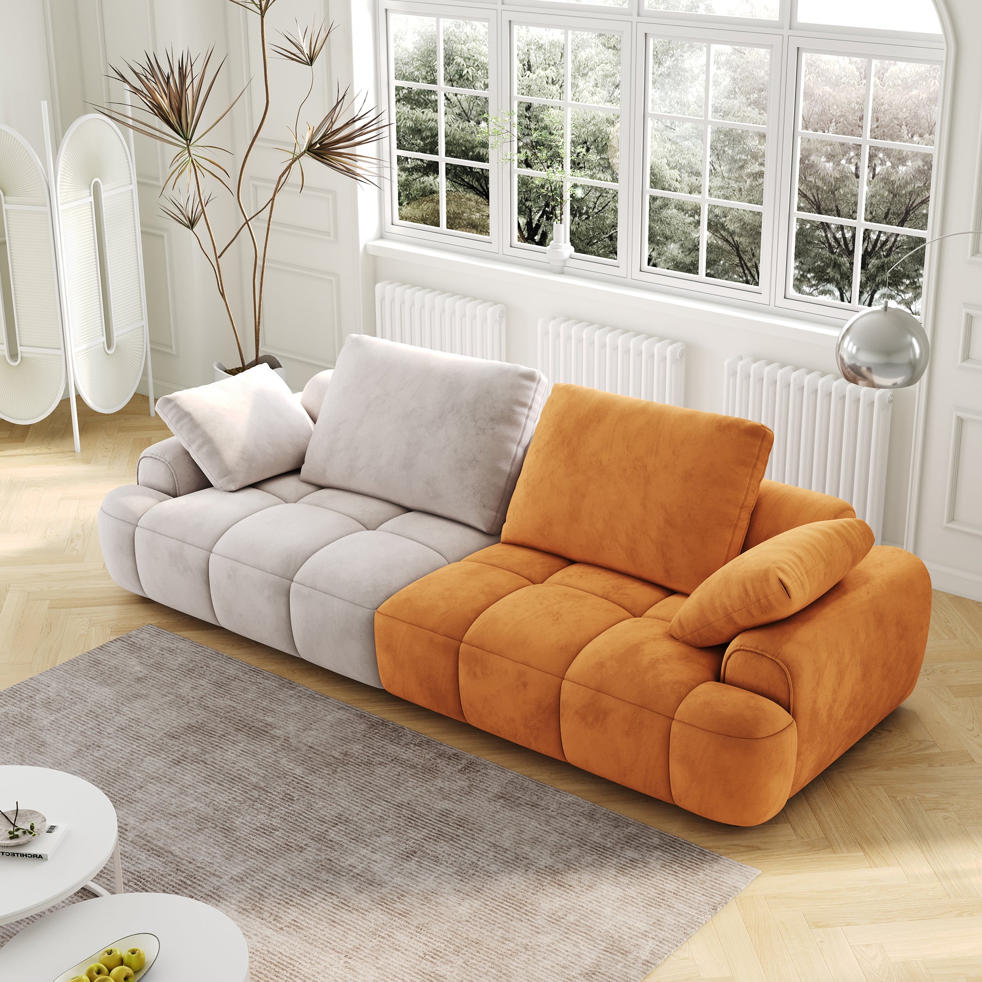 86.6 Large Size Two Seat Sofa,Modern Upholstered,Gray Paired With Yellow Suede Fabric Increase In Sitting Height Gray Yellow Velvet Wood Primary Living Space Soft Modern Eucalyptus Polyurethane Foam Eucalyptus 3 Seat