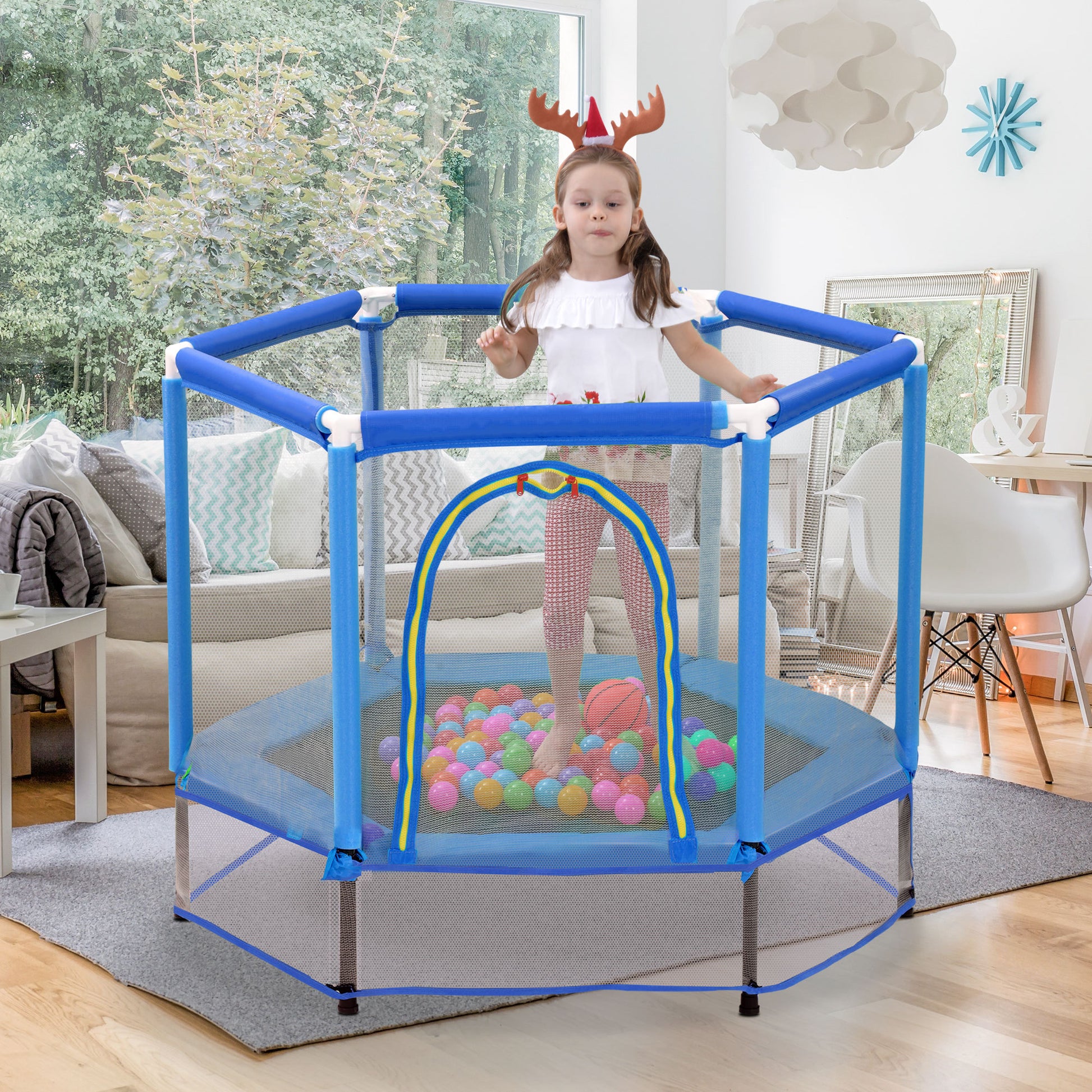 55'' Toddlers Trampoline With Safety Enclosure Net And Balls, Indoor Outdoor Mini Trampoline For Kids Blue Metal