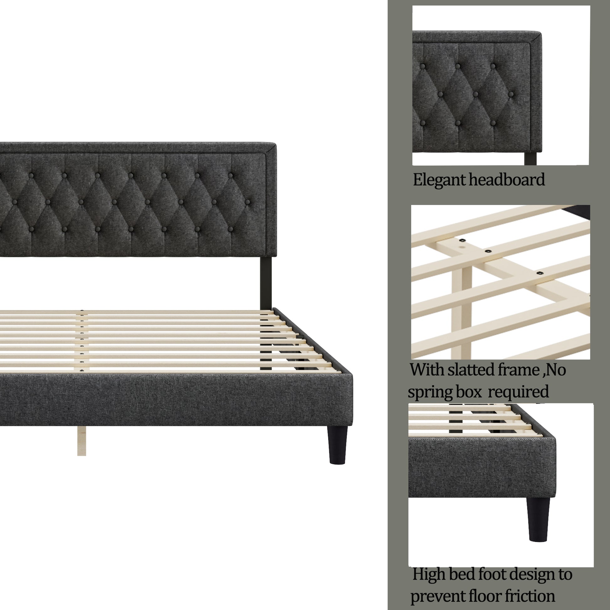 King Size Panel Bed Frame With Adjustable Button Tufted Headboard For Bedroom Linen Upholstered Wood Slat Support Easy Assembly,Dark Grey Dark Grey Wood