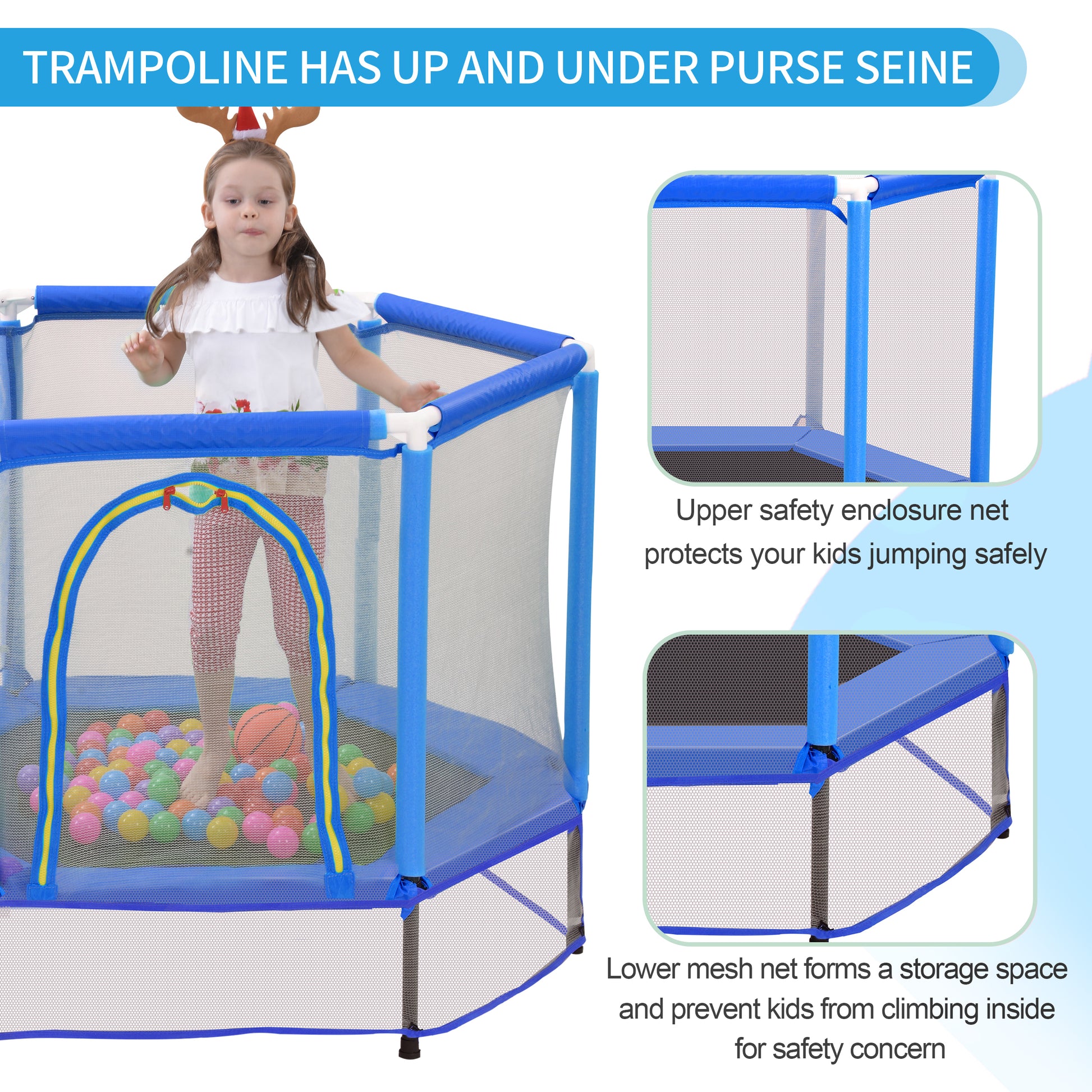 55'' Toddlers Trampoline With Safety Enclosure Net And Balls, Indoor Outdoor Mini Trampoline For Kids Blue Metal