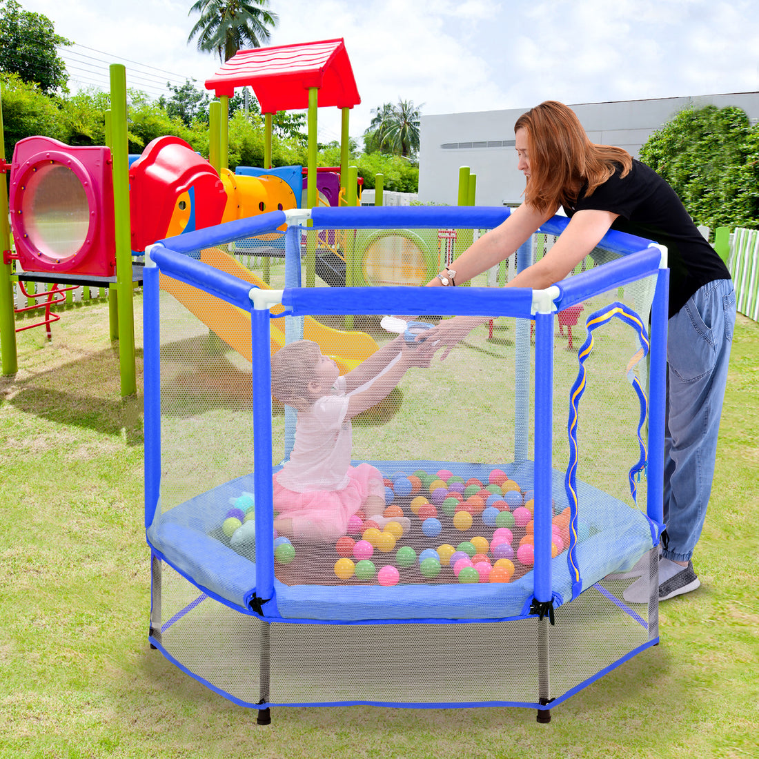 55'' Toddlers Trampoline With Safety Enclosure Net And Balls, Indoor Outdoor Mini Trampoline For Kids Blue Metal