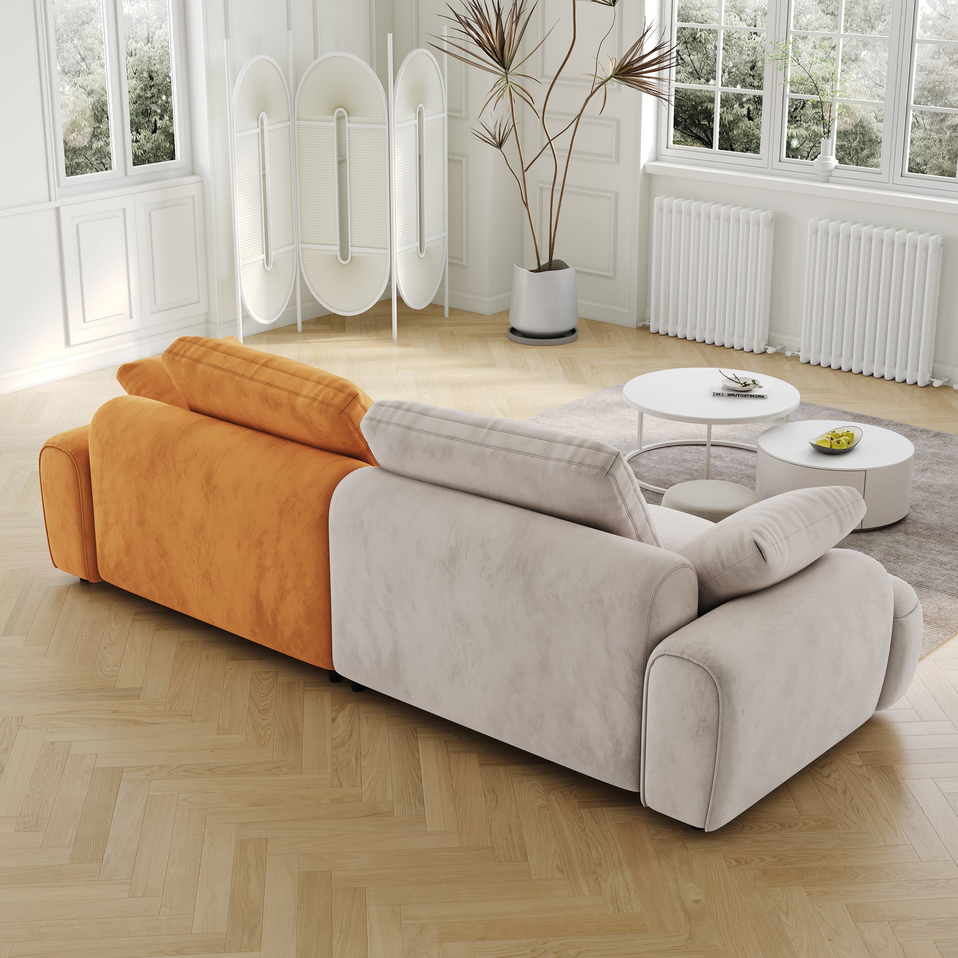 86.6 Large Size Two Seat Sofa,Modern Upholstered,Beige Paired With Yellow Suede Fabric Beige Yellow Velvet Wood Primary Living Space Soft Modern Eucalyptus Polyurethane Foam Eucalyptus 3 Seat