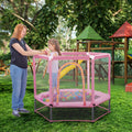 55'' Toddlers Trampoline With Safety Enclosure Net And Balls, Indoor Outdoor Mini Trampoline For Kids Pink Metal