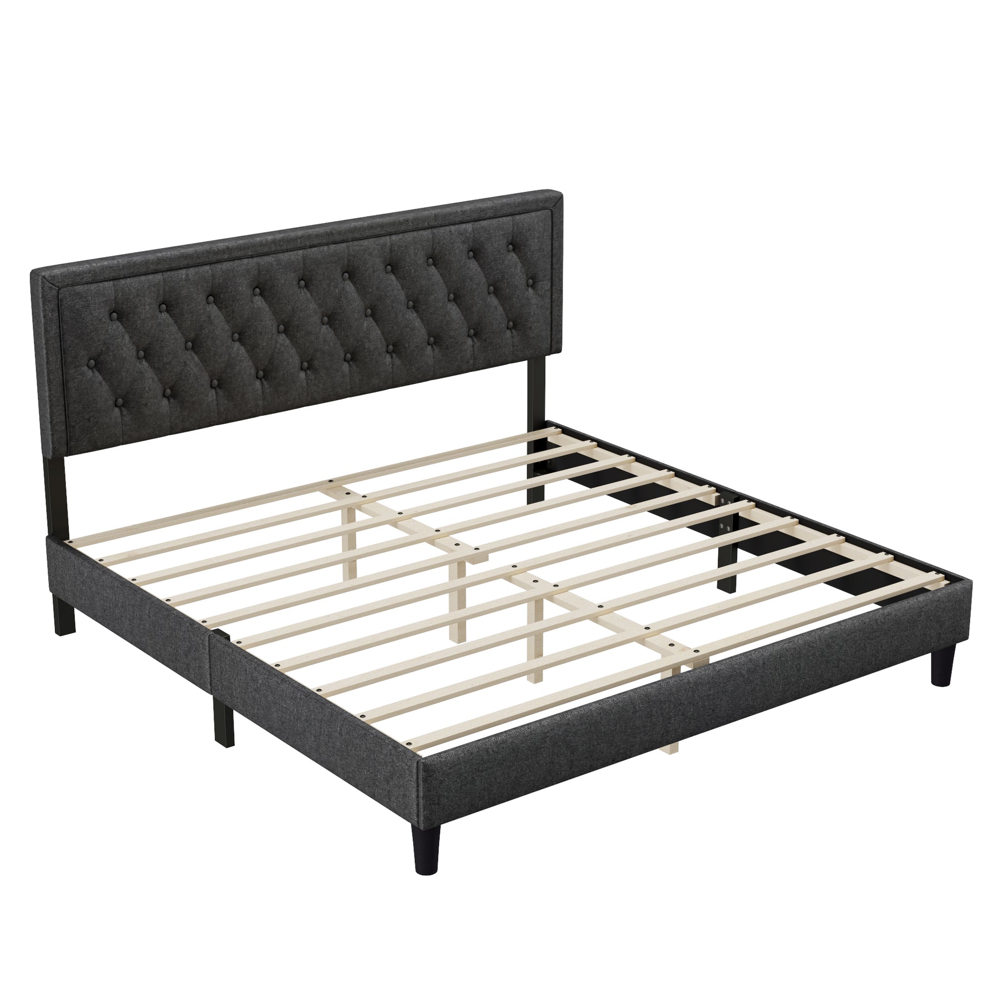 King Size Panel Bed Frame With Adjustable Button Tufted Headboard For Bedroom Linen Upholstered Wood Slat Support Easy Assembly,Dark Grey Dark Grey Wood