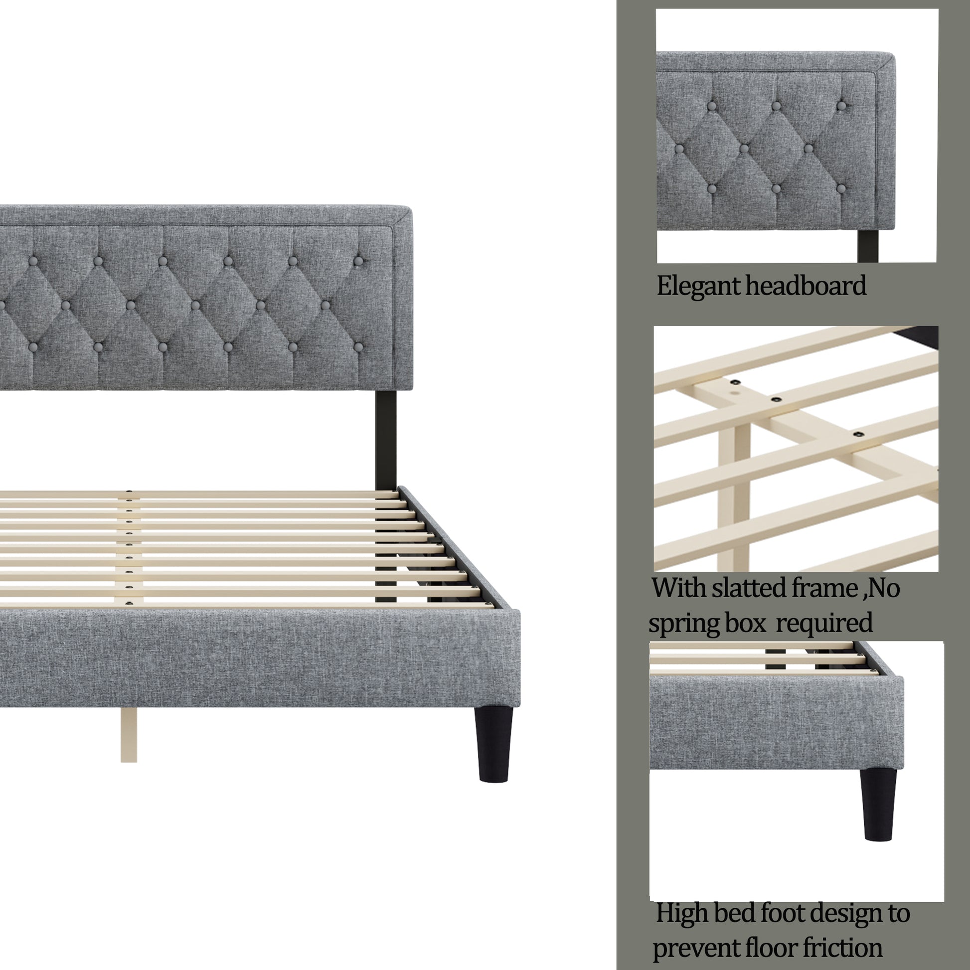King Size Panel Bed Frame With Adjustable Button Tufted Headboard For Bedroom Linen Upholstered Wood Slat Support Easy Assembly,Light Grey Light Gray Wood