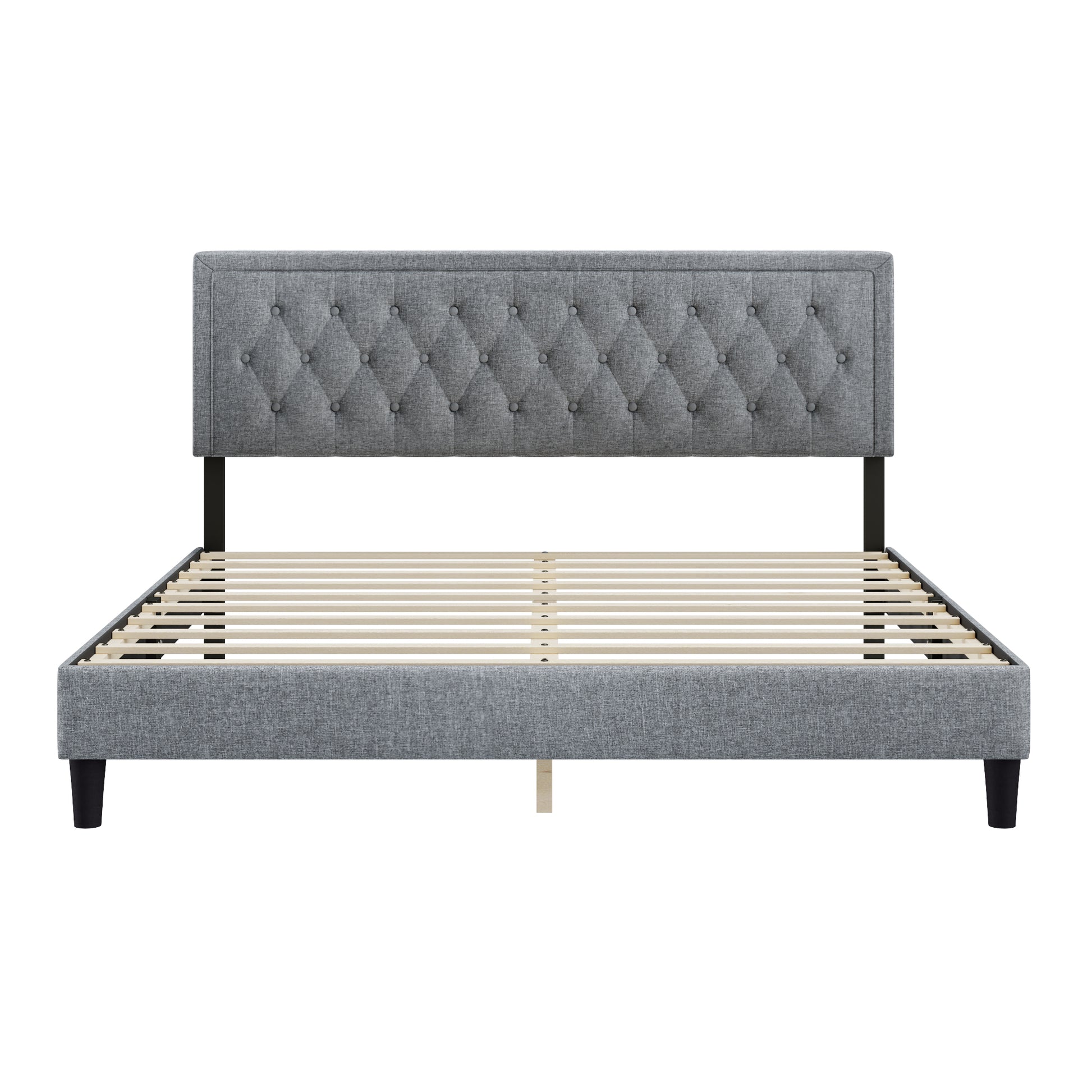 King Size Panel Bed Frame With Adjustable Button Tufted Headboard For Bedroom Linen Upholstered Wood Slat Support Easy Assembly,Light Grey Light Gray Wood