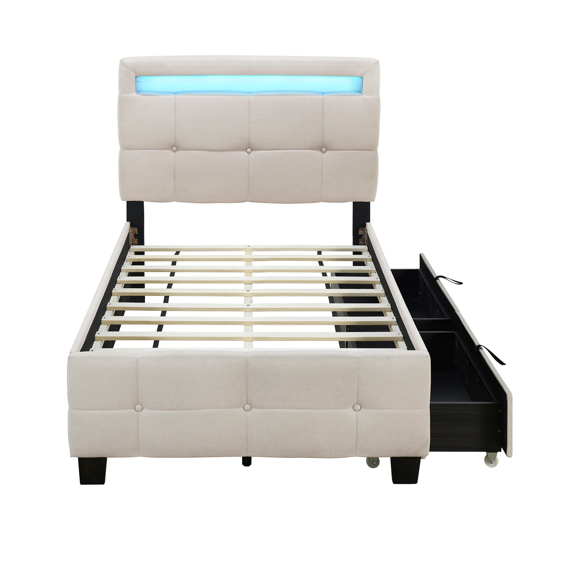 Twin Size Upholstered Platform Bed With Led Frame And 2 Drawers, Linen Fabric, Beige Beige Linen