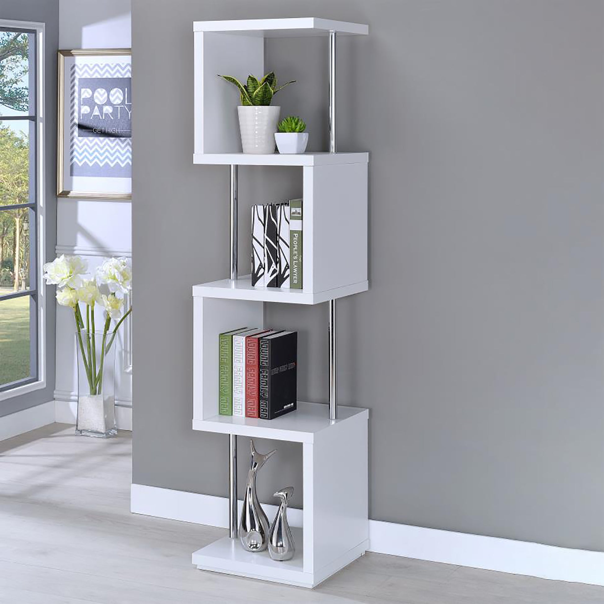 White And Chrome 4 Tier Bookcase 4 White White Geometric Vertical Office Open Back Wood Contemporary,Modern Wood Metal