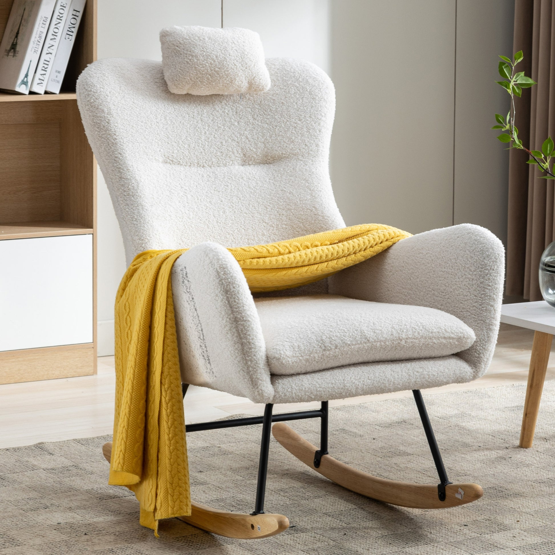 35.5 Inch Rocking Chair With Pocket, Soft Teddy Fabric Rocking Chair For Nursery, Comfy Wingback Glider Rocker With Safe Solid Wood Base For Living Room Bedroom Balcony White White Casual Foam Teddy
