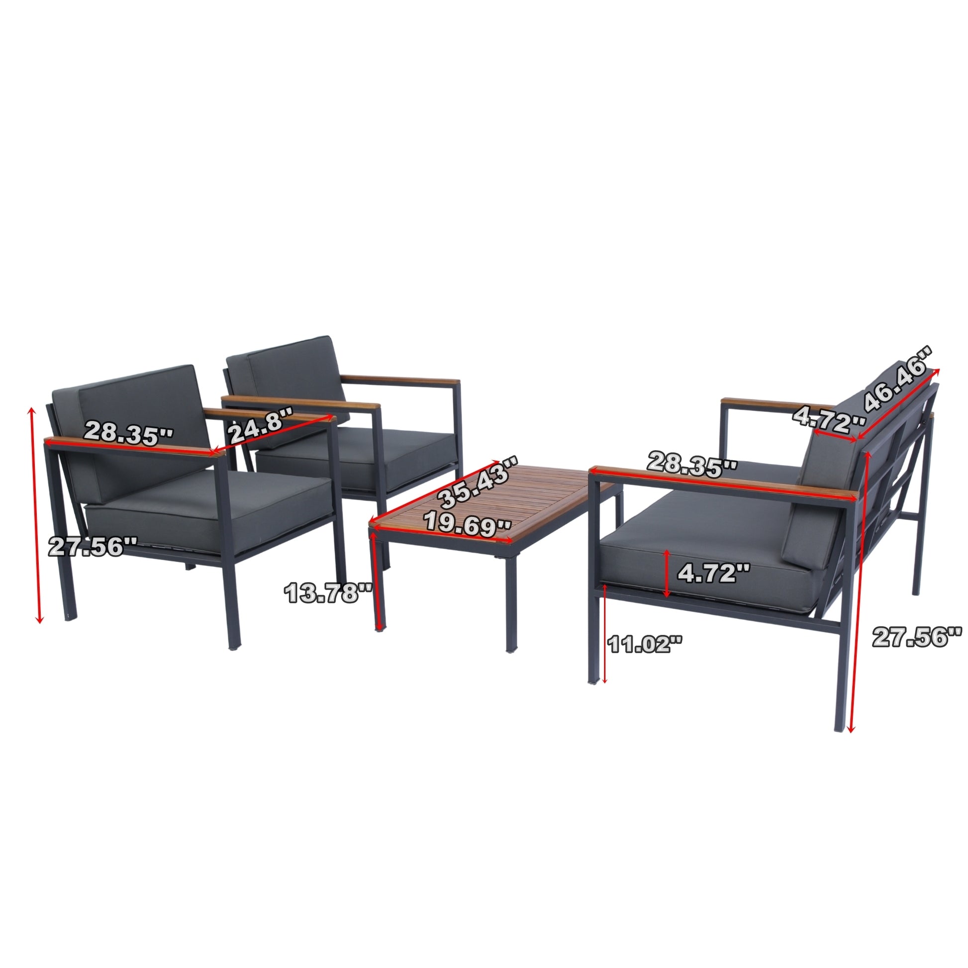 4 Piece Outdoor Sofa Set With Acacia Wood Top, Padded Patio Conversation Table Chair Set W Coffee Table For Garden, Backyard, Poolside Dark Grey Cushion Yes Complete Patio Set Dark Grey Rust Resistant Frame Mildew Resistant Cushion Garden & Outdoor