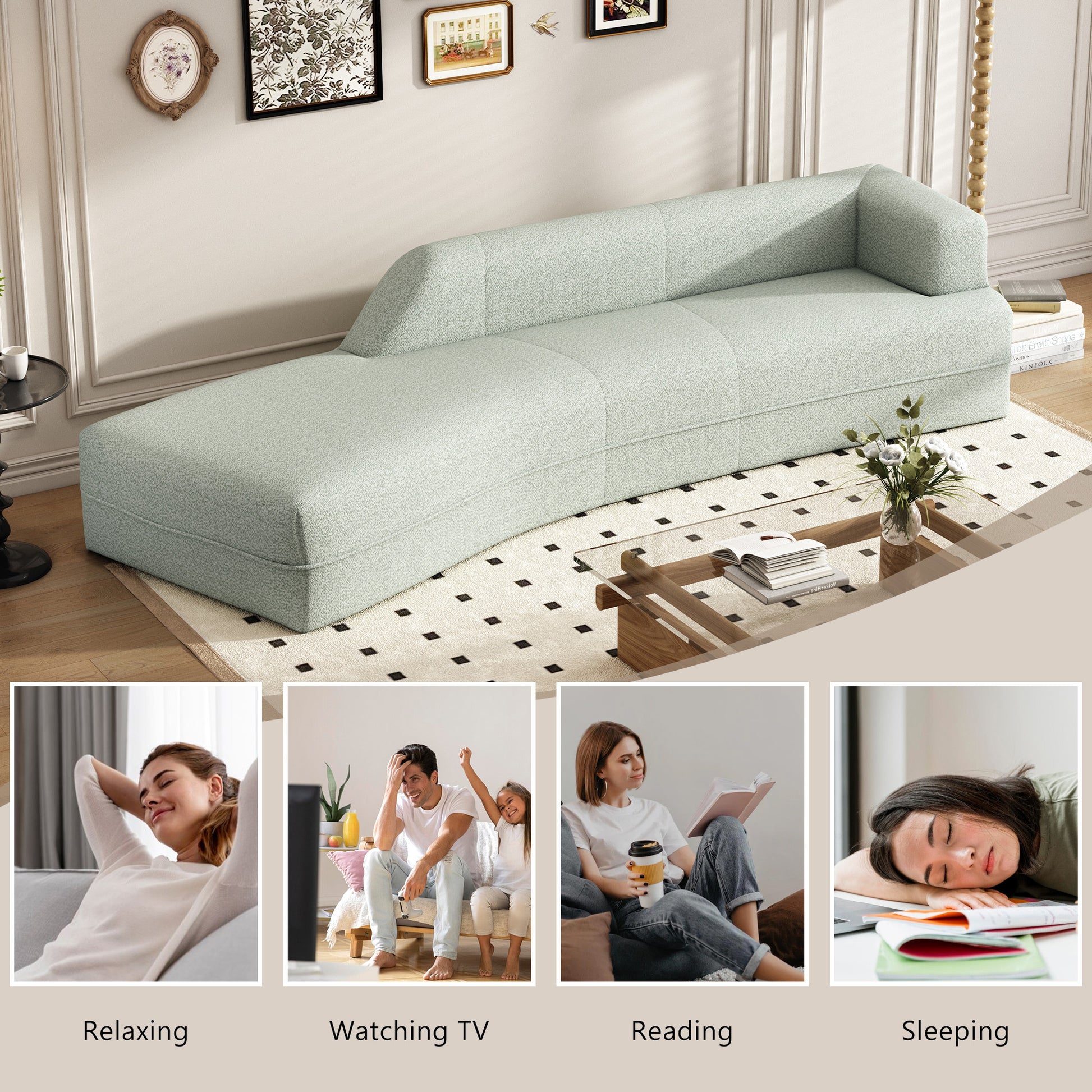 109.4" Curved Chaise Lounge Modern Indoor Sofa Couch For Living Room, Green Old Sku:Wf313109Aaf Green Boucle