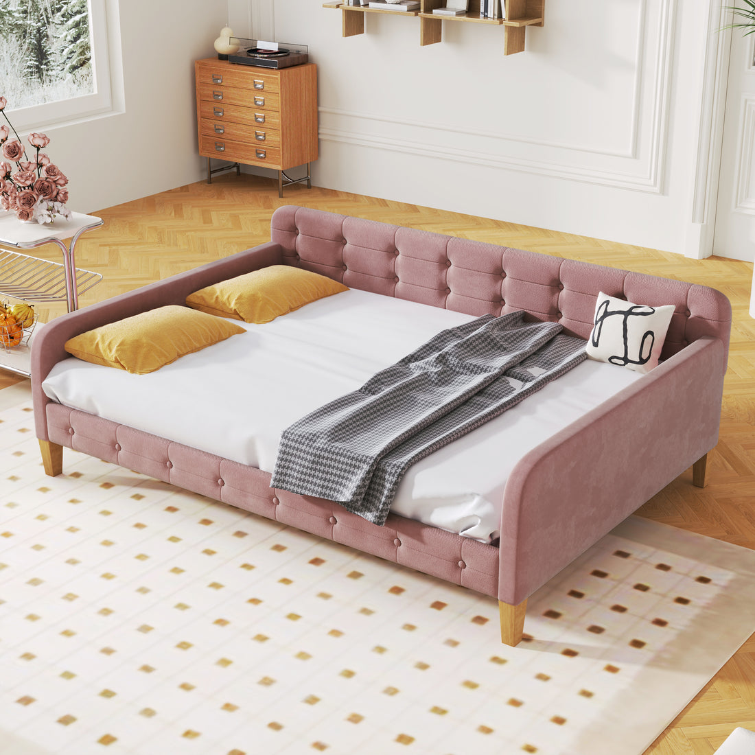 Full Size Upholstered Daybed With 4 Support Legs,Pink Full Pink Upholstered