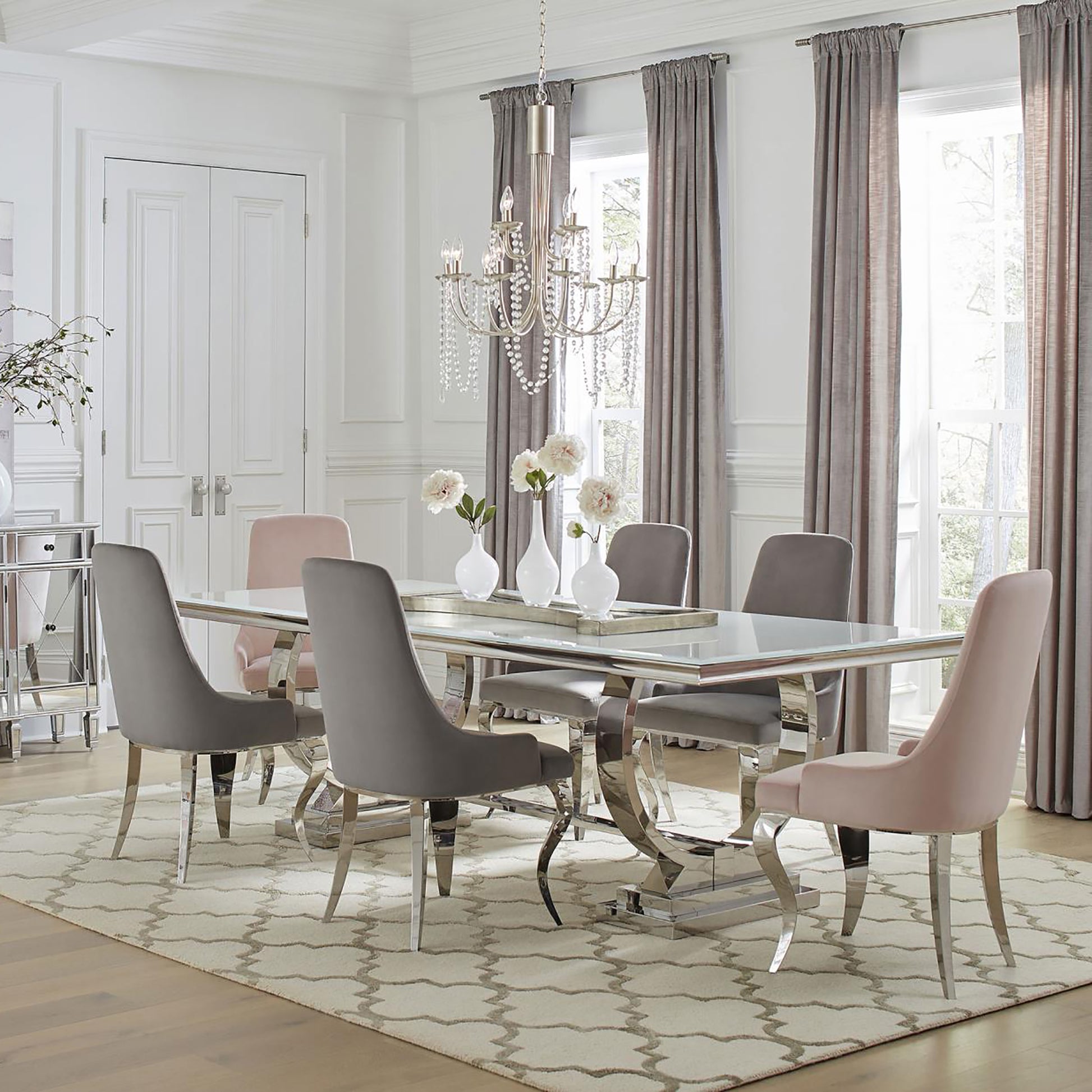 Grey And Chrome Upholstered Back Dining Chairs Set Of 2 Solid Grey Dining Room Polished Foam Spot Clean Contemporary,Modern Arm Chair Solid Back Foam Velvet