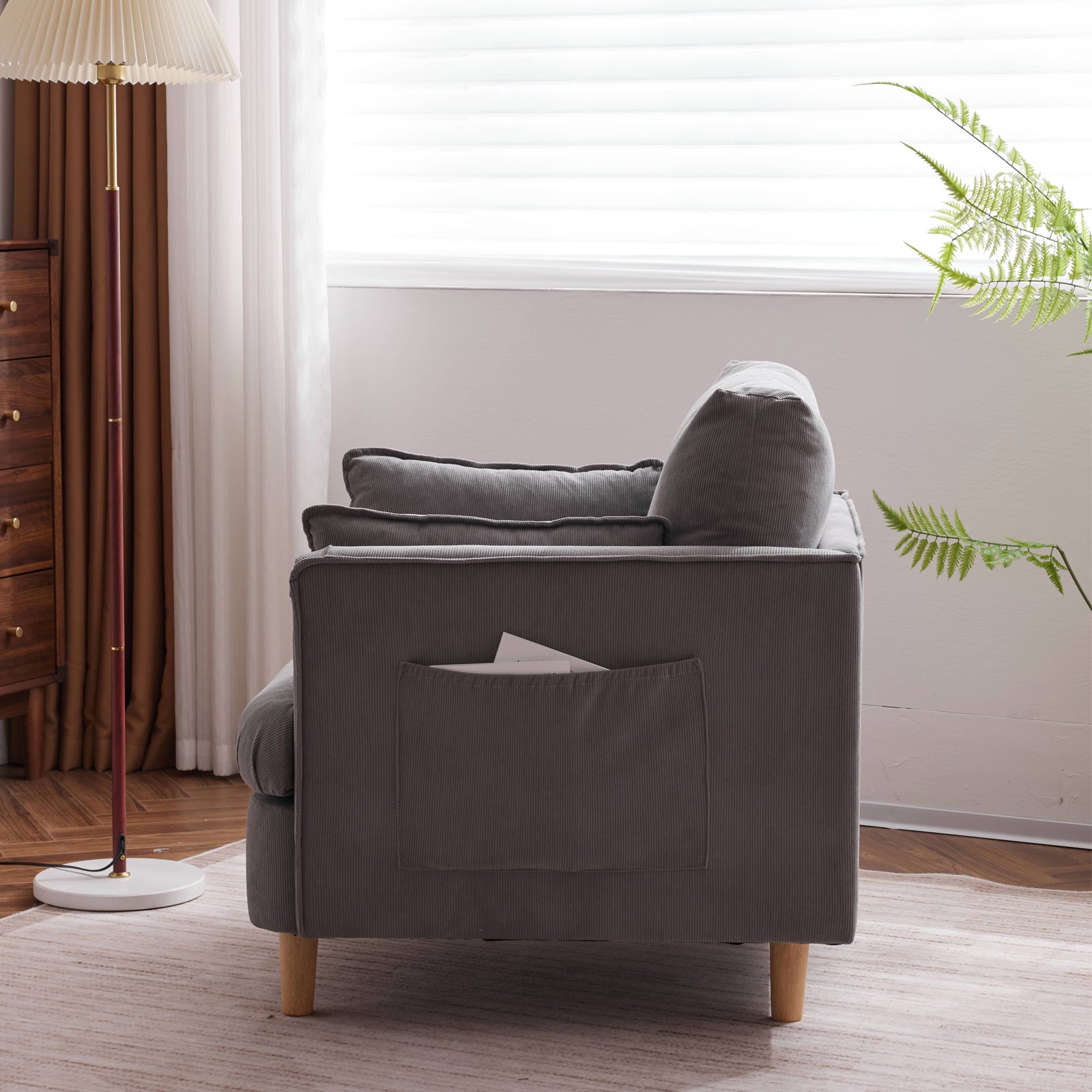 29.5 "W Modern Fabric Decorative Chair Armchair Upholstered Reading Chair Single Sofa Casual Club Chair With Solid Wooden Feet And 2 Pillow, For Living Room, Bedroom, Bed Room, Office, Corduroy Fabric Grey Foam Corduroy