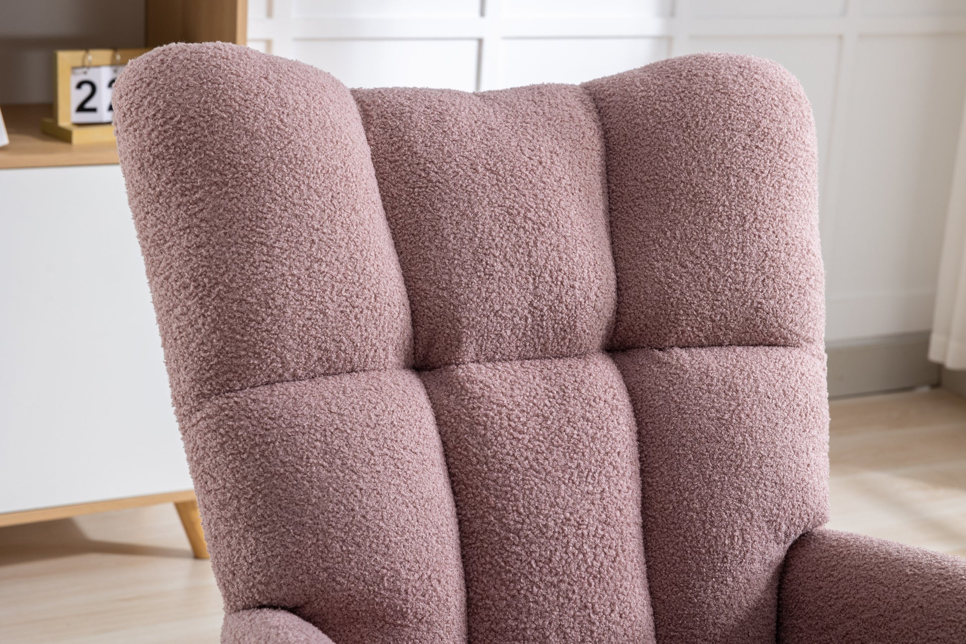 Rocking Chair With Pocket, Soft Teddy Fabric Rocking Chair For Nursery, Comfy Wingback Glider Rocker With Safe Solid Wood Base For Living Room Bedroom Balcony Pink Pink Casual Foam Teddy