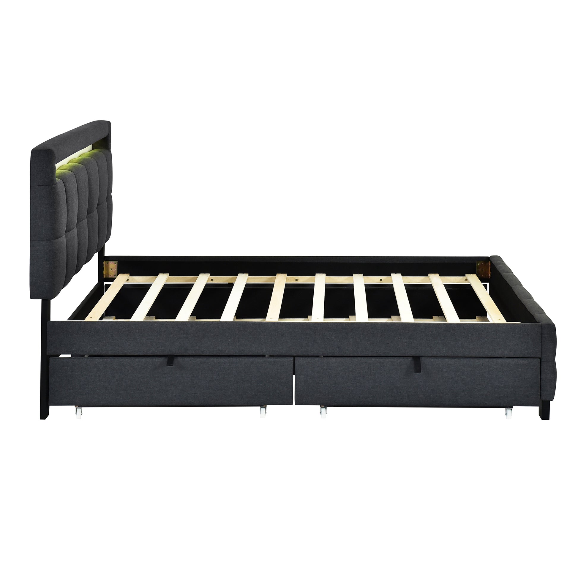 Queen Size Upholstered Platform Bed With Led Frame, With Twin Xl Size Trundle And 2 Drawers, Linen Fabric, Gray Gray Linen