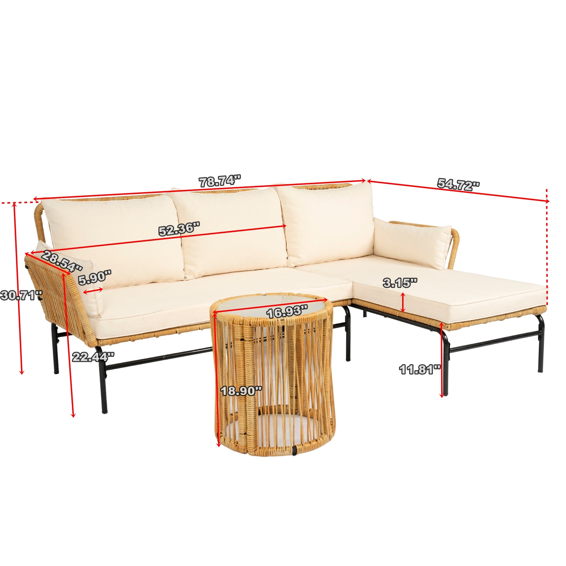 3 Pieces Outdoor Patio Wicker Furniture Sets Table And Chairs With 3.15 Inches Thick Cushion Outdoor Sofa Set Natural Yellow Wicker Creme Cushion Yes Complete Patio Set Light Yellow Rust Resistant Frame Mildew Resistant Cushion Garden & Outdoor Modern