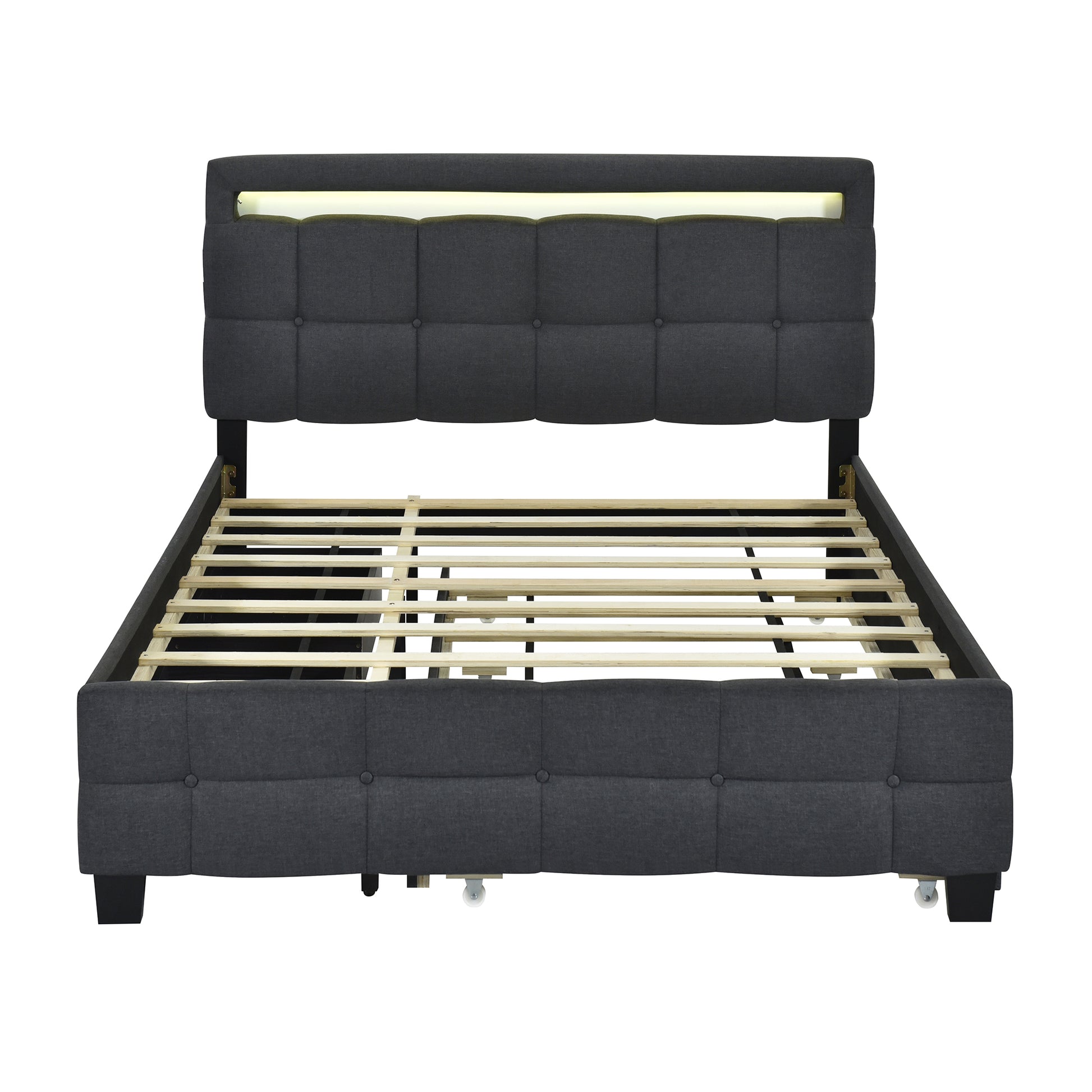Queen Size Upholstered Platform Bed With Led Frame, With Twin Xl Size Trundle And 2 Drawers, Linen Fabric, Gray Gray Linen