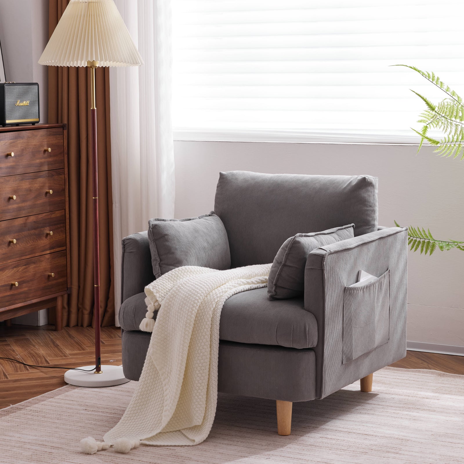 29.5 "W Modern Fabric Decorative Chair Armchair Upholstered Reading Chair Single Sofa Casual Club Chair With Solid Wooden Feet And 2 Pillow, For Living Room, Bedroom, Bed Room, Office, Corduroy Fabric Grey Foam Corduroy