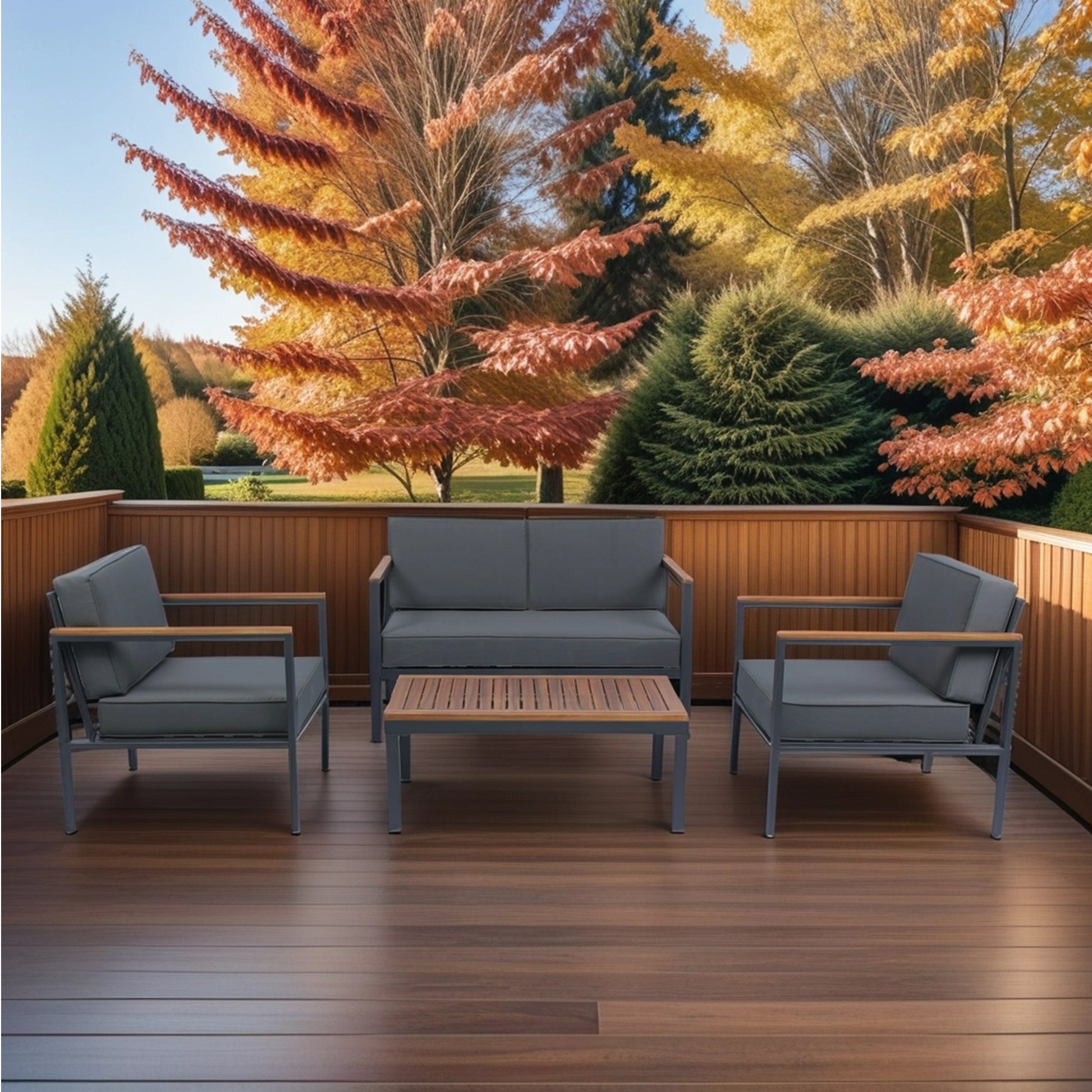 4 Piece Outdoor Sofa Set With Acacia Wood Top, Padded Patio Conversation Table Chair Set W Coffee Table For Garden, Backyard, Poolside Dark Grey Cushion Yes Complete Patio Set Dark Grey Rust Resistant Frame Mildew Resistant Cushion Garden & Outdoor