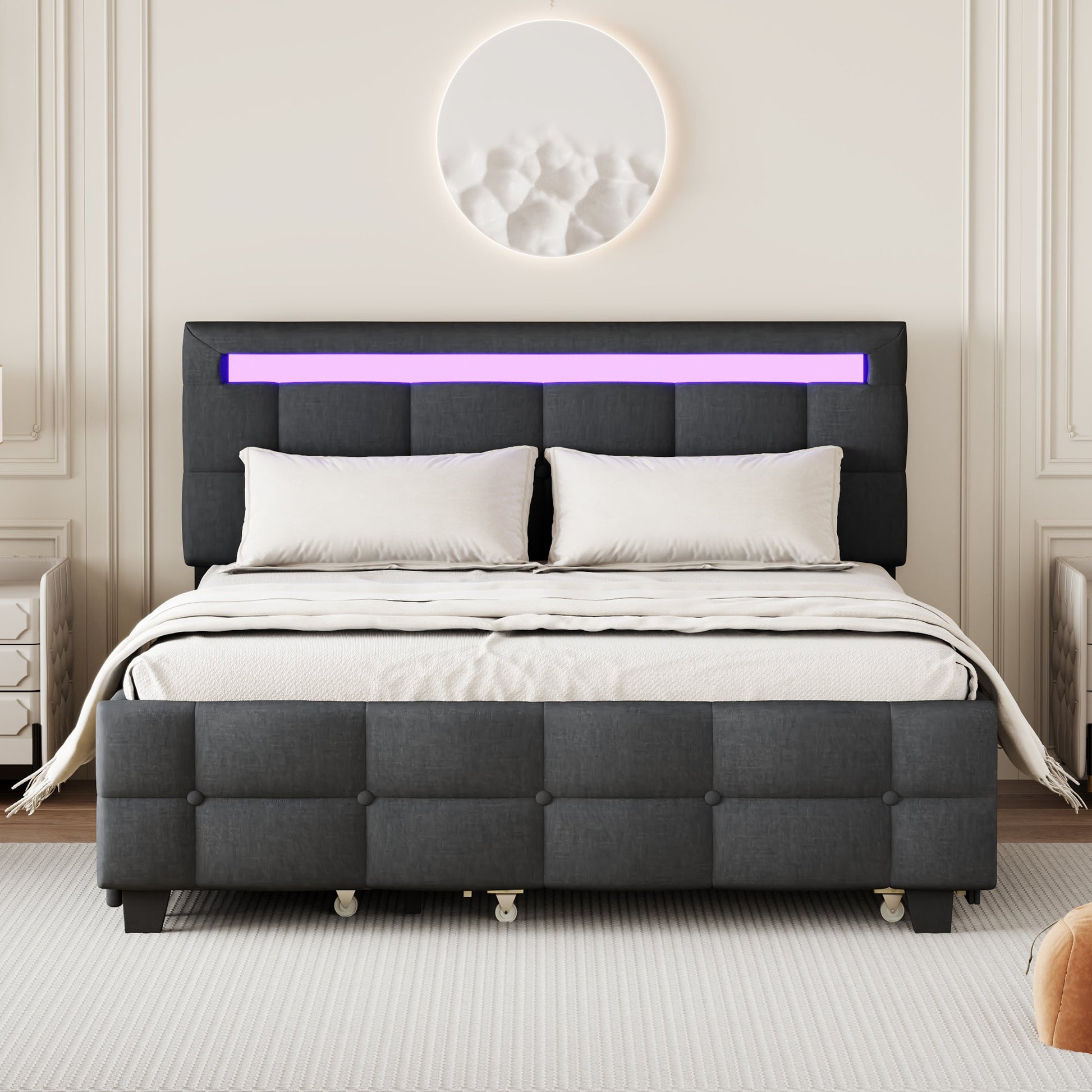 Queen Size Upholstered Platform Bed With Led Frame, With Twin Xl Size Trundle And 2 Drawers, Linen Fabric, Gray Gray Linen