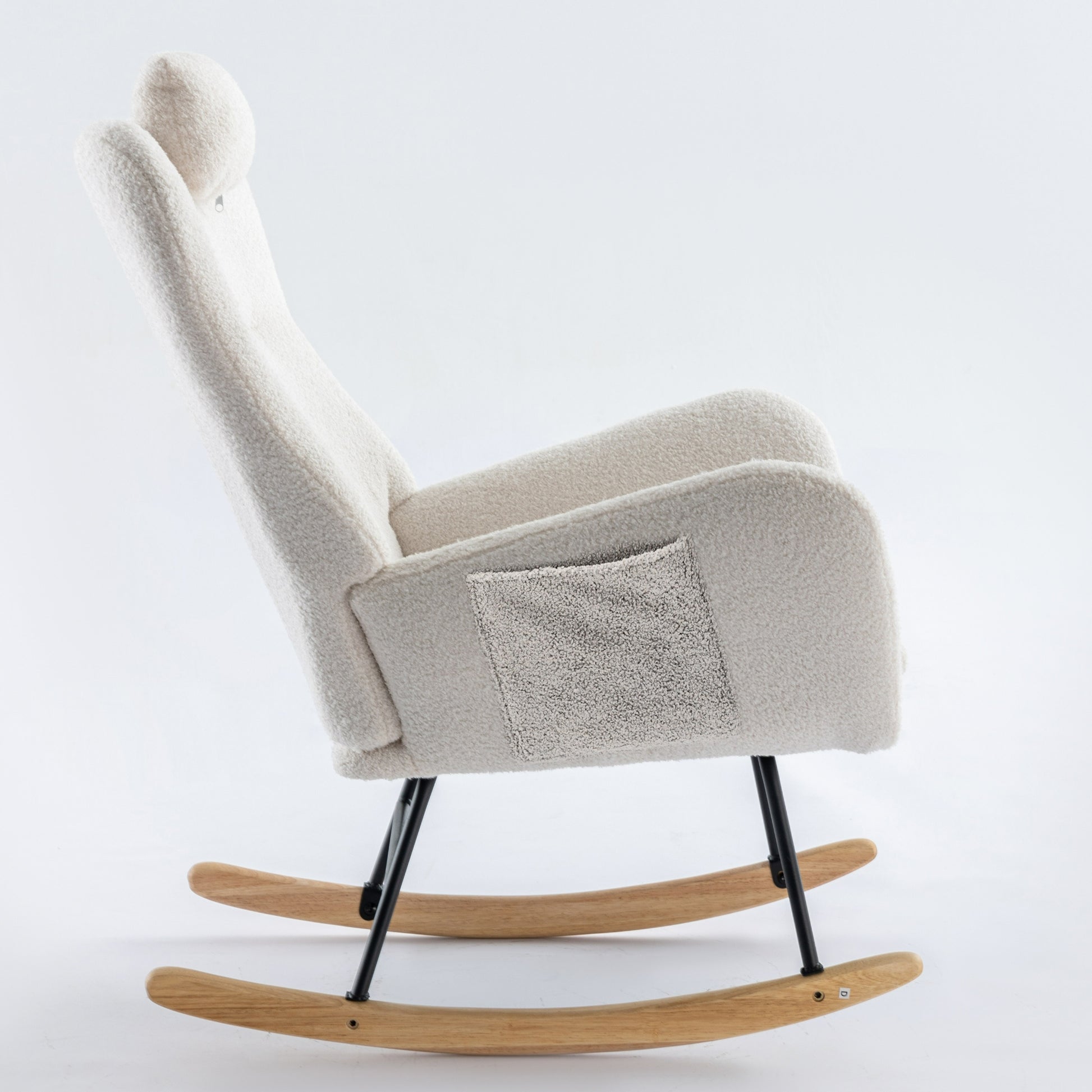 35.5 Inch Rocking Chair With Pocket, Soft Teddy Fabric Rocking Chair For Nursery, Comfy Wingback Glider Rocker With Safe Solid Wood Base For Living Room Bedroom Balcony White White Casual Foam Teddy