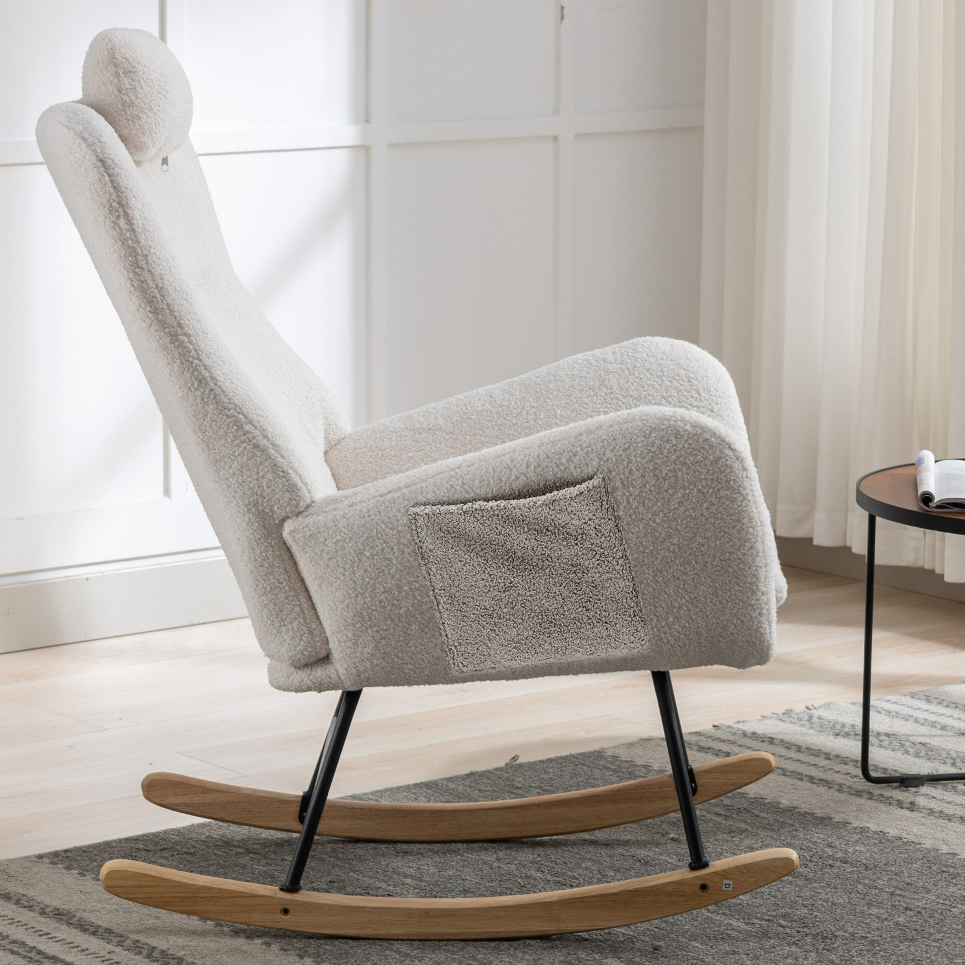 35.5 Inch Rocking Chair With Pocket, Soft Teddy Fabric Rocking Chair For Nursery, Comfy Wingback Glider Rocker With Safe Solid Wood Base For Living Room Bedroom Balcony White White Casual Foam Teddy