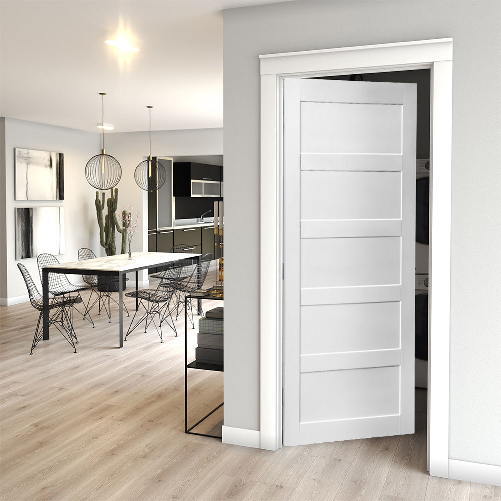 32" X 84" Five Grid Real Primed Door Slab, Diy Panel Door, Modern Interior Barn Door, Water Proof, Anti Deformation, Pre Drilled Ready To Assemble, Suitable For Pre Hung Door And Barn Door White Mdf