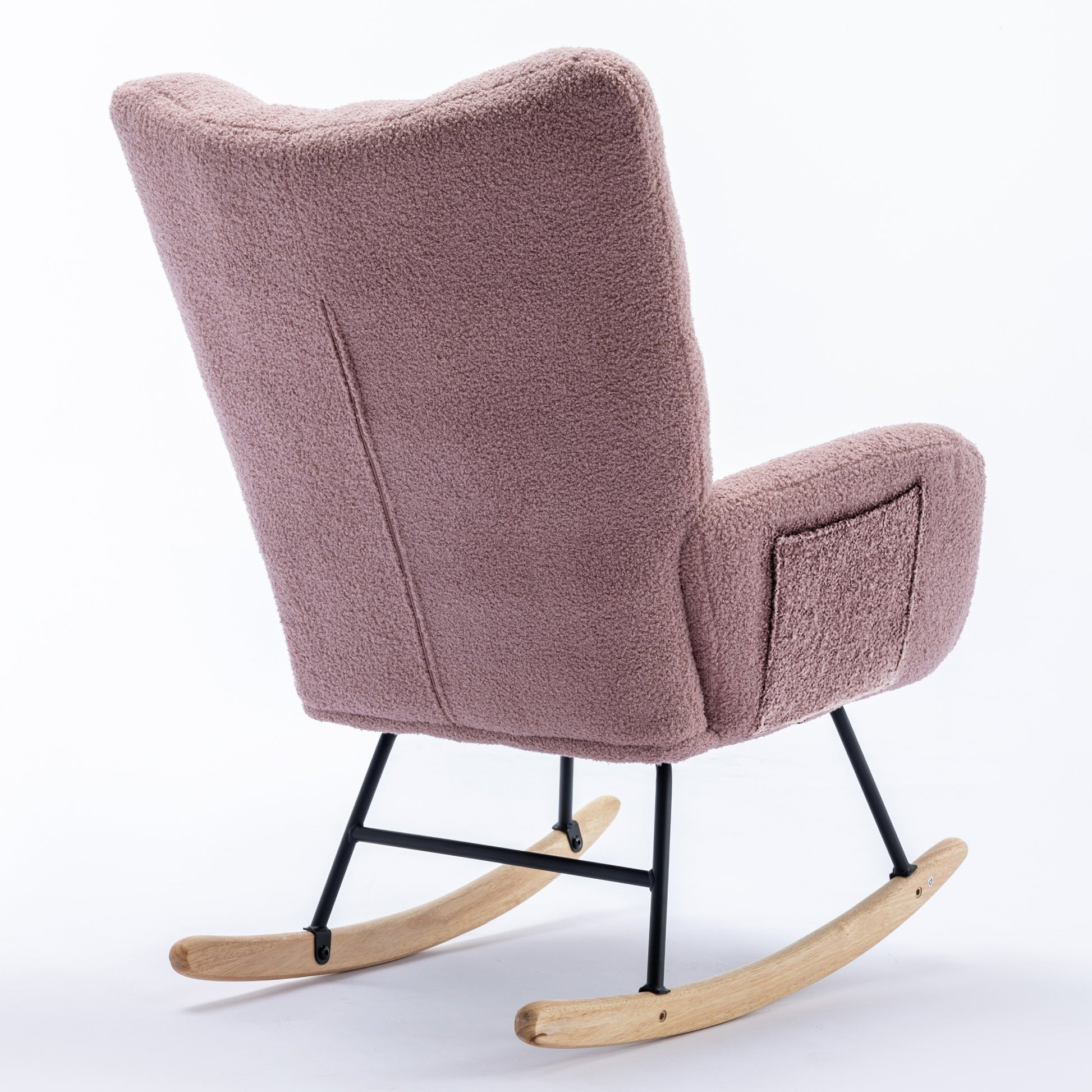 Rocking Chair With Pocket, Soft Teddy Fabric Rocking Chair For Nursery, Comfy Wingback Glider Rocker With Safe Solid Wood Base For Living Room Bedroom Balcony Pink Pink Casual Foam Teddy