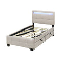 Twin Size Upholstered Platform Bed With Led Frame And 2 Drawers, Linen Fabric, Beige Beige Linen