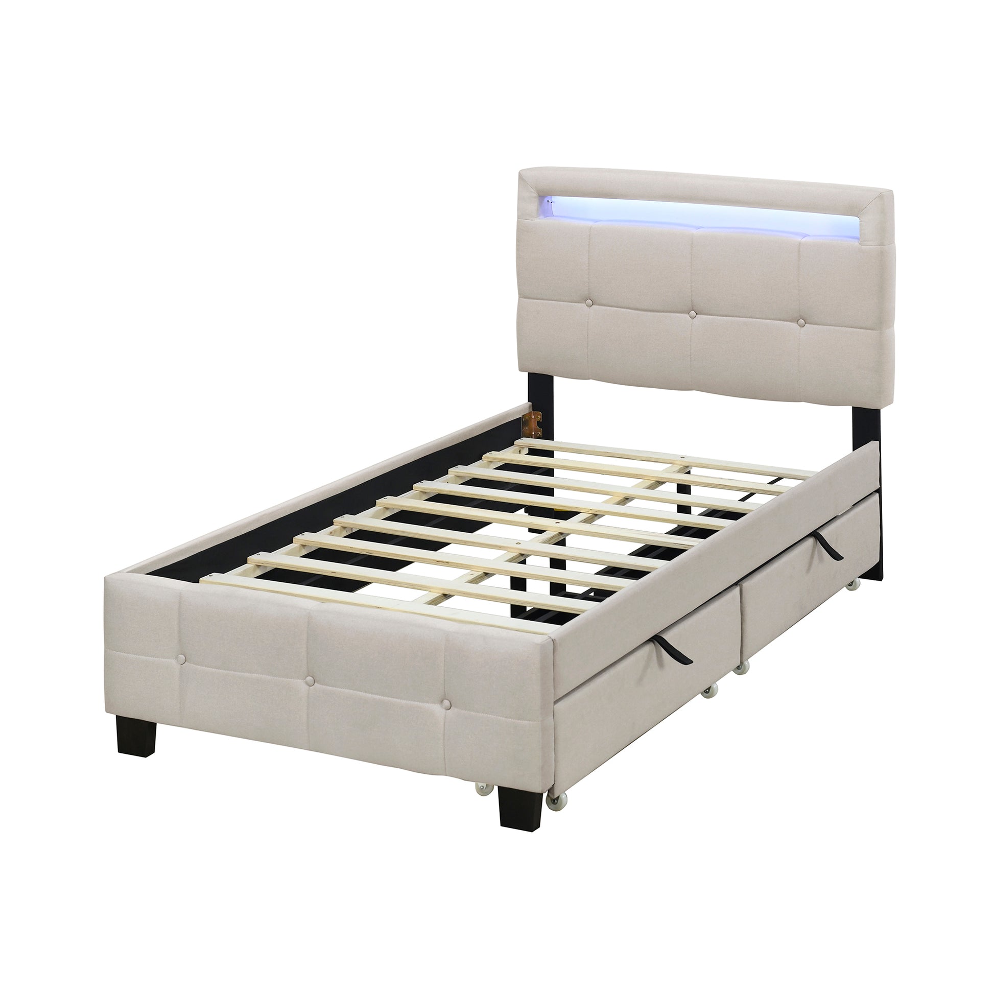 Twin Size Upholstered Platform Bed With Led Frame And 2 Drawers, Linen Fabric, Beige Beige Linen