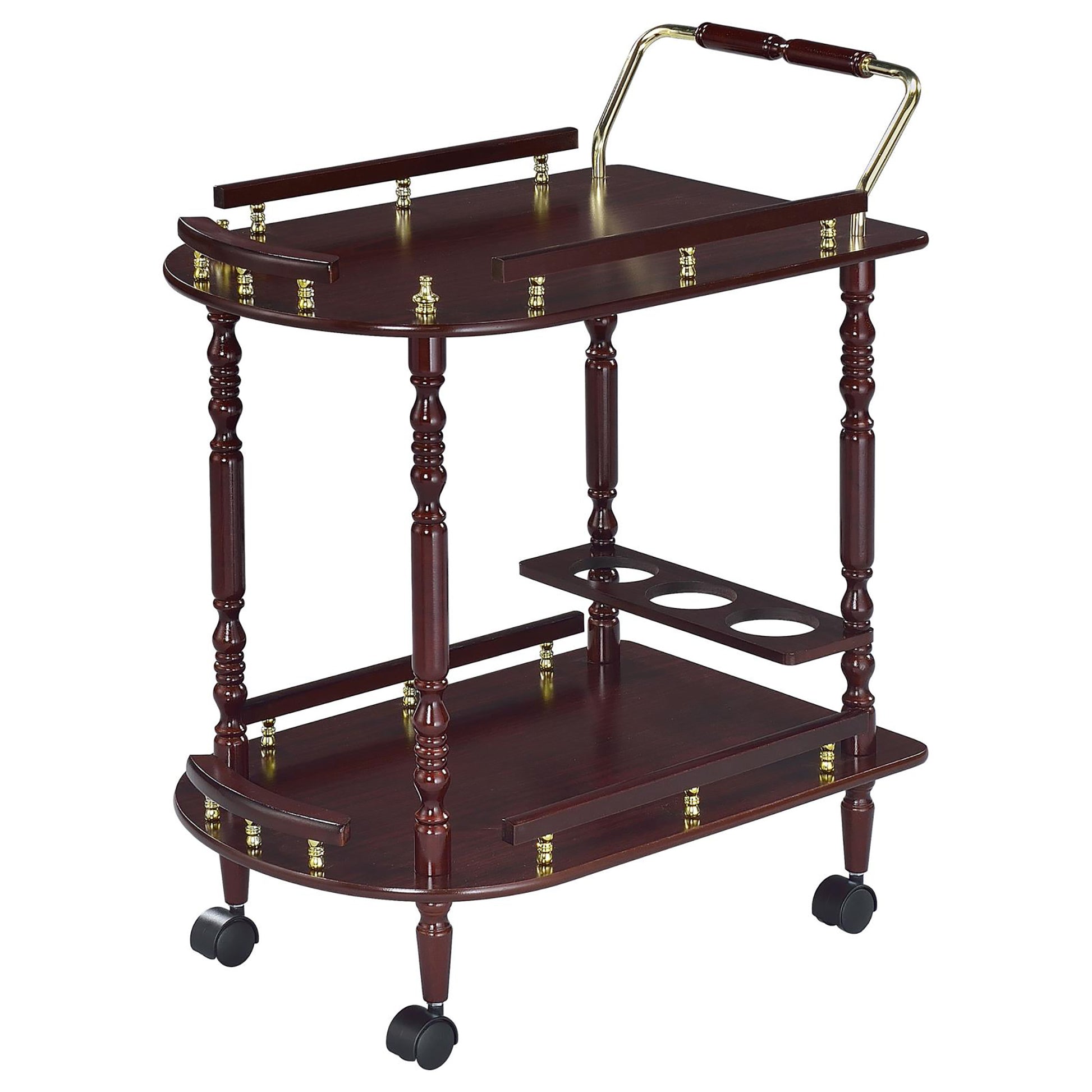 Merlot And Brass 2 Shelf Serving Cart Brown Brown Dining Room Traditional Rectangular Kitchen Carts Rubberwood Wood Metal Small Less Than 40In