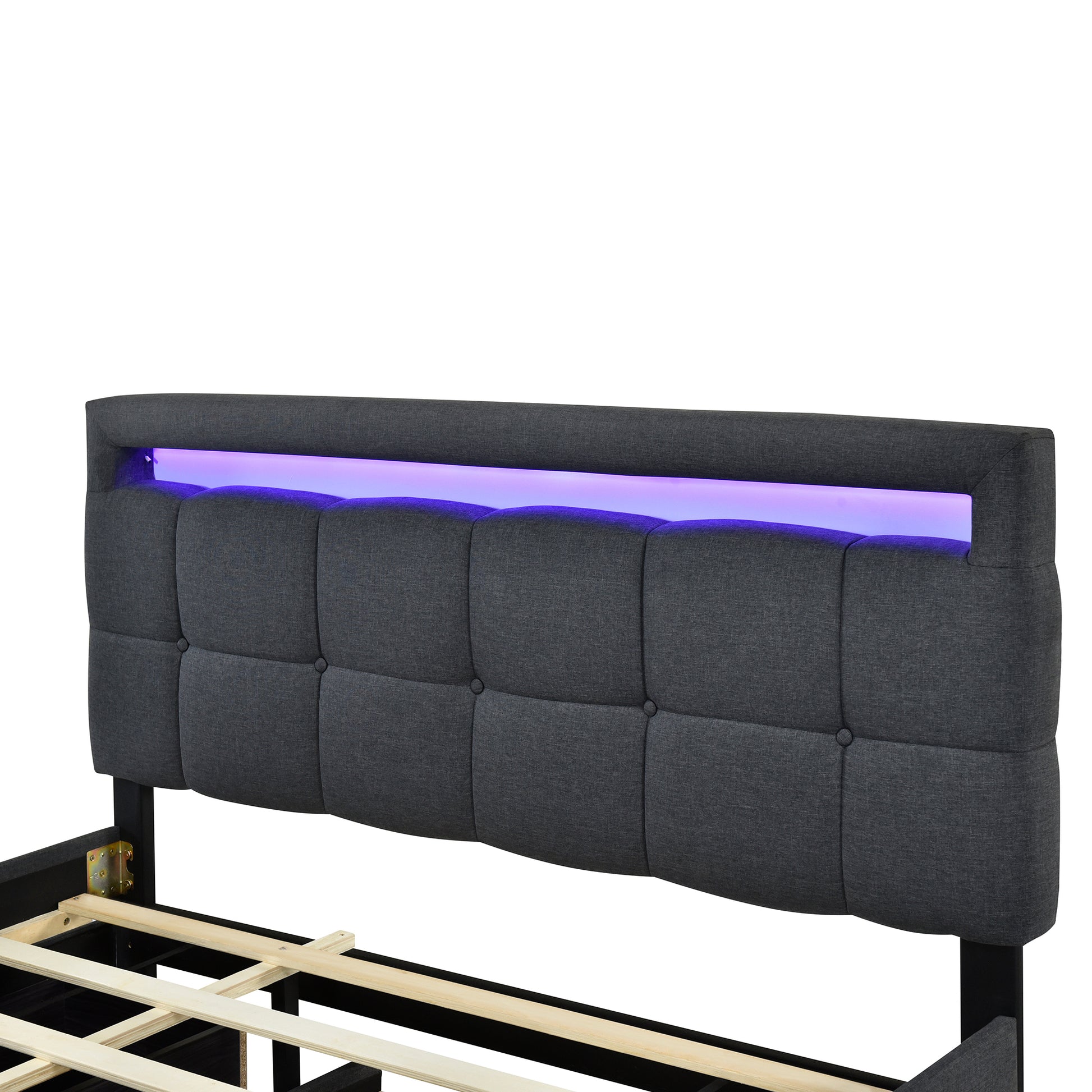 Queen Size Upholstered Platform Bed With Led Frame, With Twin Xl Size Trundle And 2 Drawers, Linen Fabric, Gray Gray Linen
