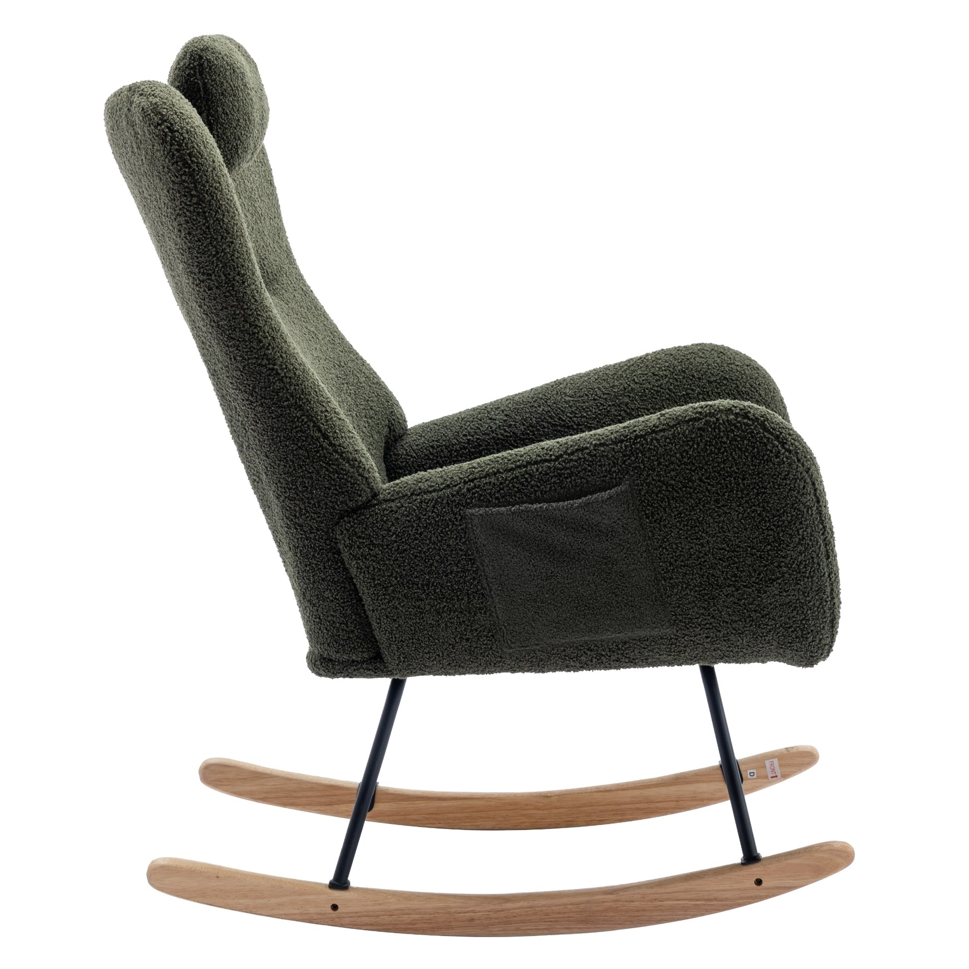 35.5 Inch Rocking Chair With Pocket, Soft Teddy Fabric Rocking Chair For Nursery, Comfy Wingback Glider Rocker With Safe Solid Wood Base For Living Room Bedroom Balcony Dark Green Dark Green Casual Foam Teddy