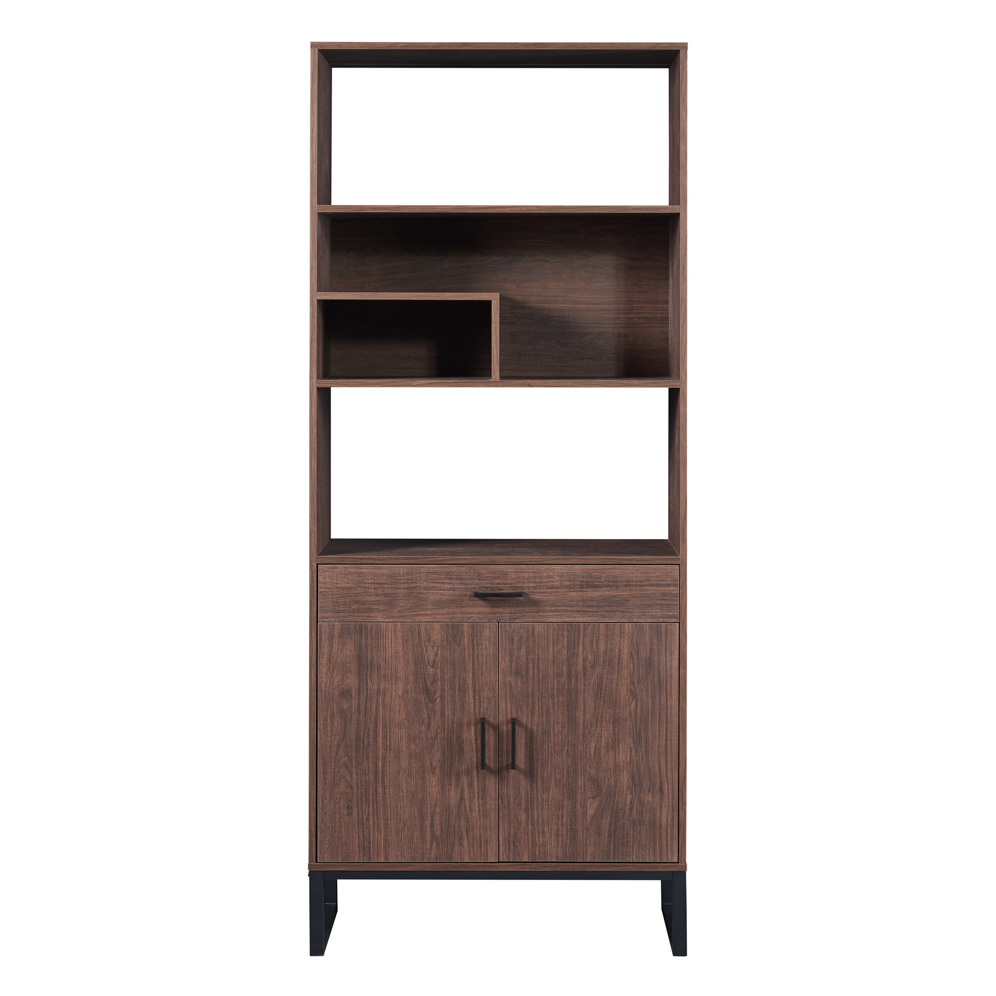 75.9"Modern Open Bookshelf With Doors, Bookcase With Storage Drawer And Led Strip Lights,Free Standing Display Rack,Wooden Tall Bookshelf For Living Room And Office, Walnut Walnut Mdf