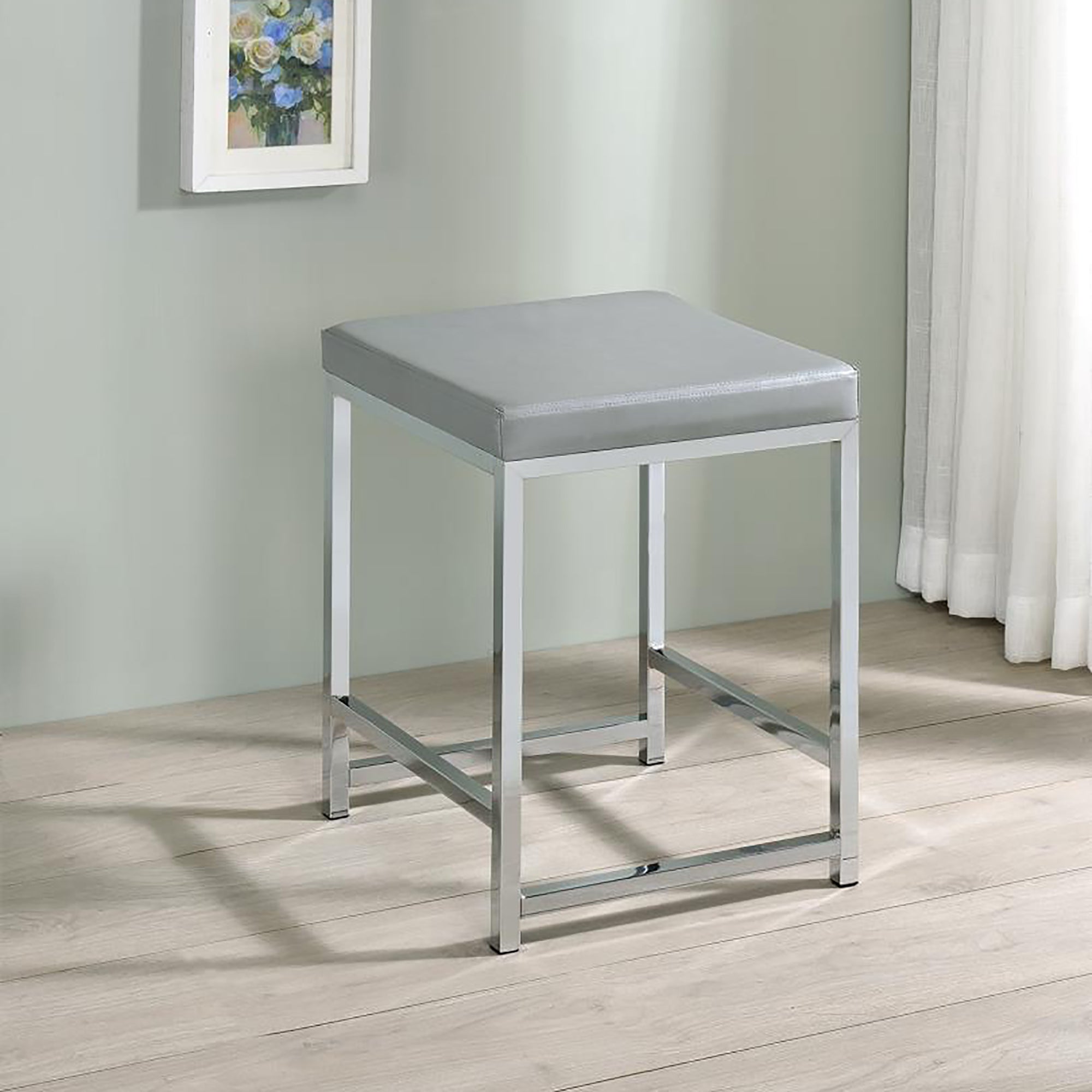 Light Grey Upholstered Square Vanity Stool Light Gray Vanity Stools Faux Leather Bedroom Square Grey Contemporary,Modern Backless Foam Faux Leather