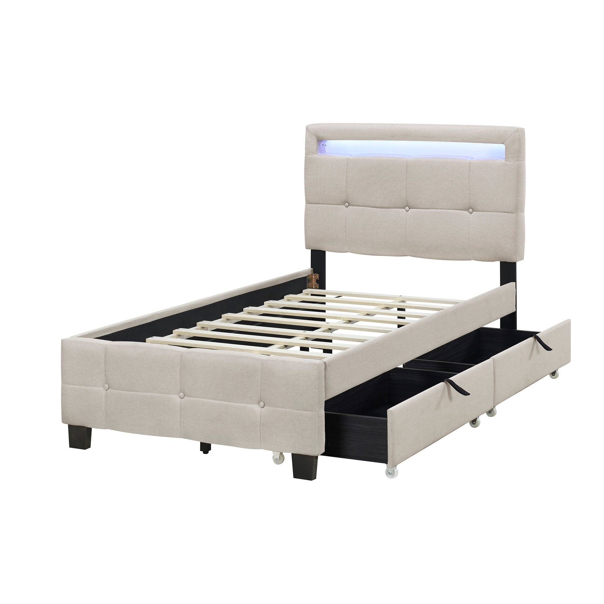 Twin Size Upholstered Platform Bed With Led Frame And 2 Drawers, Linen Fabric, Beige Beige Linen