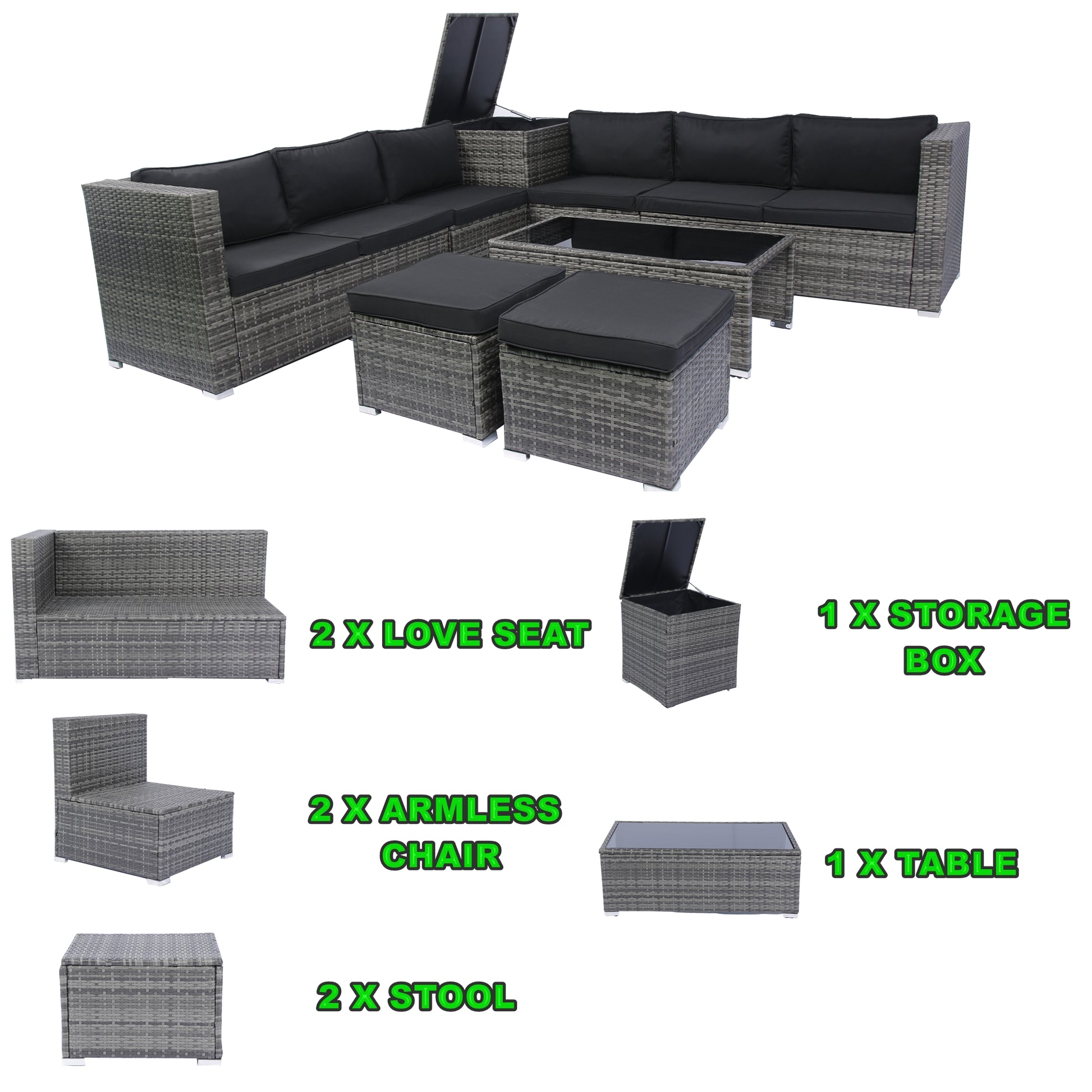 8 Piece Patio Sectional Wicker Rattan Outdoor Furniture Sofa Set With One Storage Box Under Seat And Cushion Box Grey Wicker Black Cushion Clear Glass Top Yes Complete Patio Set Black Grey Rust Resistant Frame Mildew Resistant Cushion Garden & Outdoor