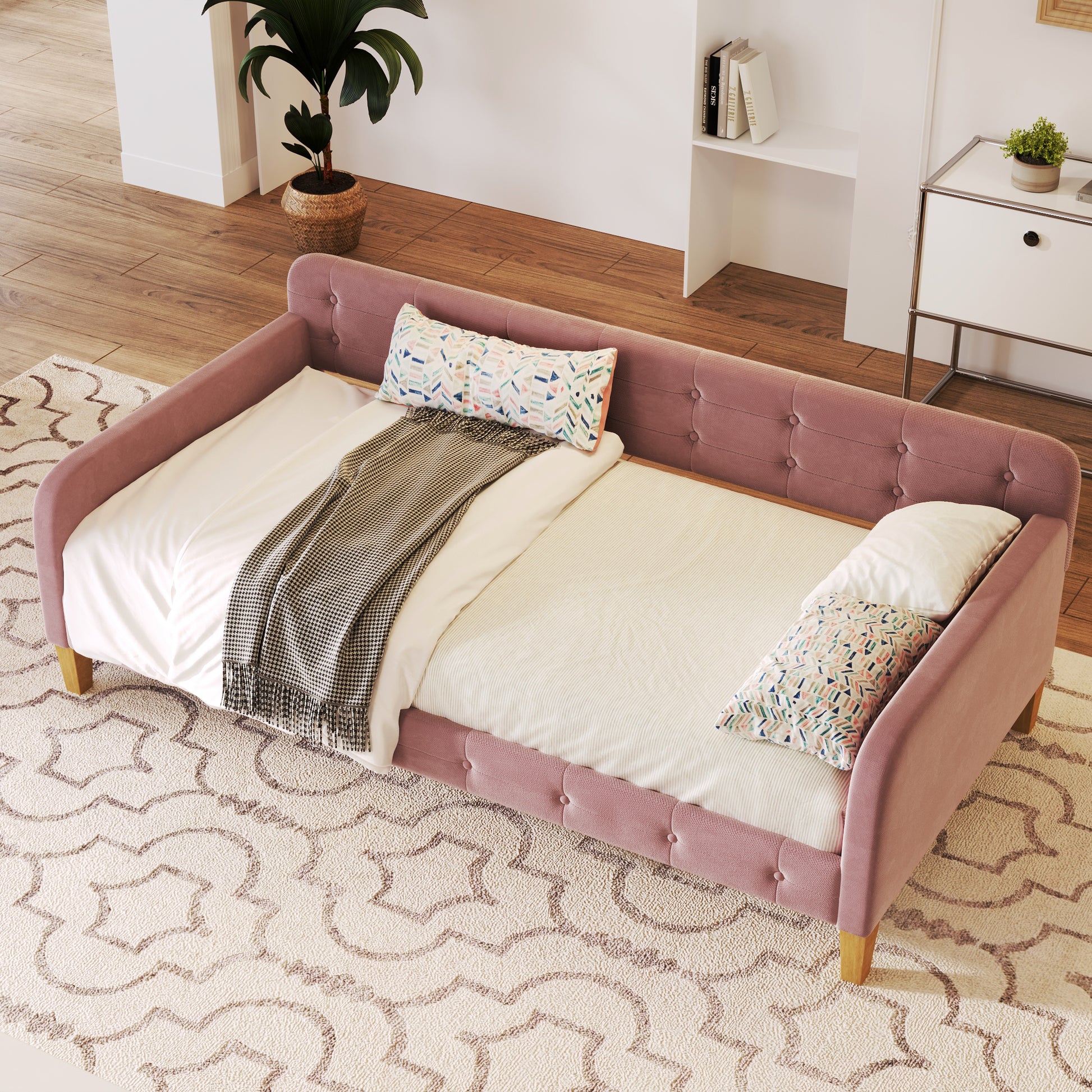 Twin Size Upholstered Daybed With 4 Support Legs, Pink Twin Pink Upholstered