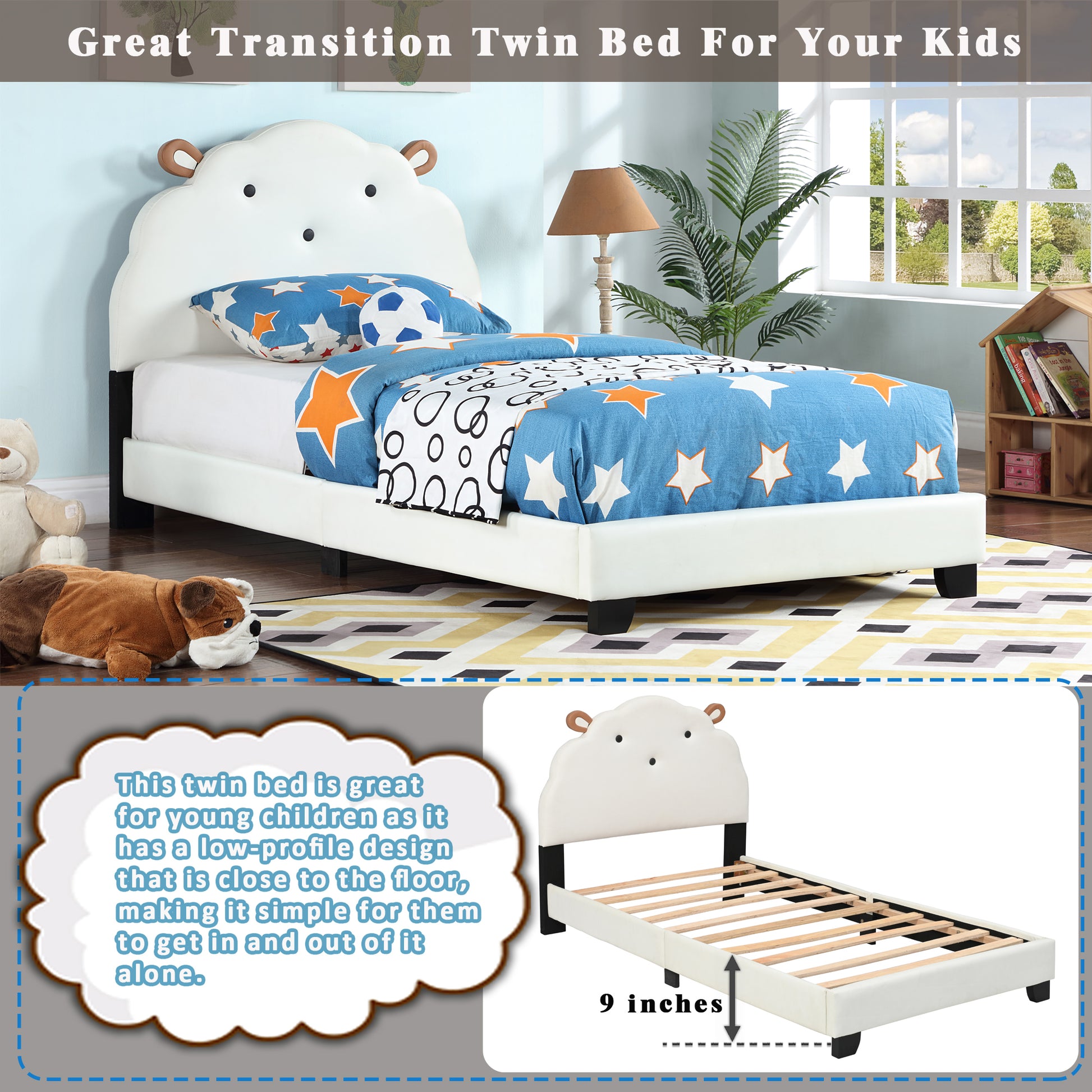 Upholstered Twin Size Platform Bed For Kids, Wooden Bed Frame With Slatted Bed Base, No Box Spring Needed, Cute Bed Frame With Sheep Design Headboard For Girls Boys Teens, White Box Spring Not Required Twin White Wood Kids Faux Leather Acacia Wood