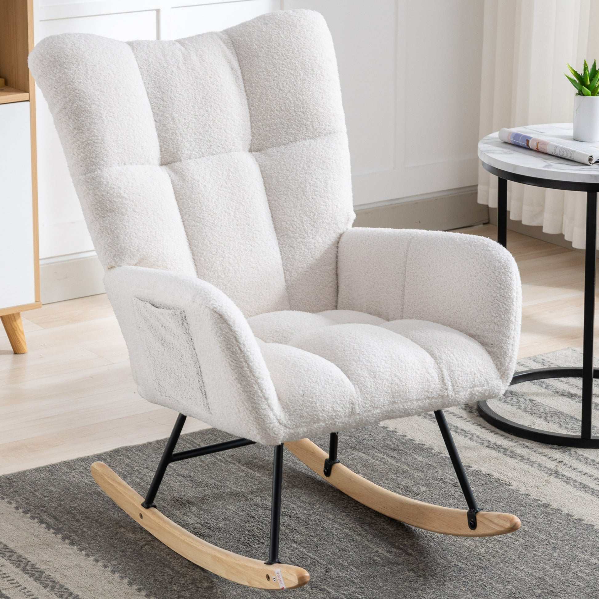 Rocking Chair With Pocket, Soft Teddy Fabric Rocking Chair For Nursery, Comfy Wingback Glider Rocker With Safe Solid Wood Base For Living Room Bedroom Balcony White White Casual Foam Teddy
