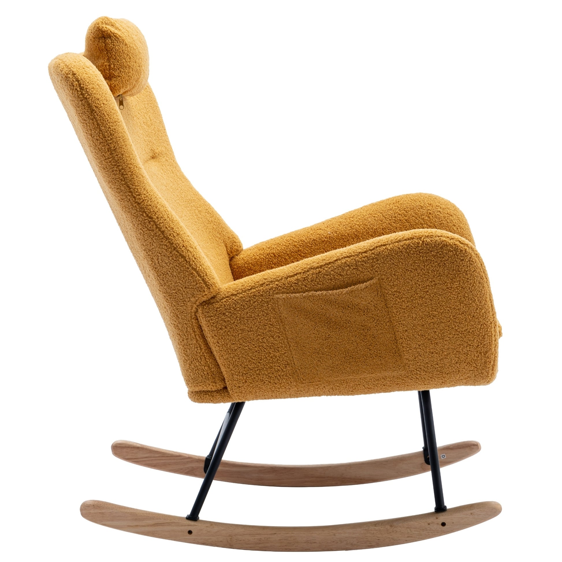 35.5 Inch Rocking Chair With Pocket, Soft Teddy Fabric Rocking Chair For Nursery, Comfy Wingback Glider Rocker With Safe Solid Wood Base For Living Room Bedroom Balcony Turmeric Yellow Casual Foam Teddy