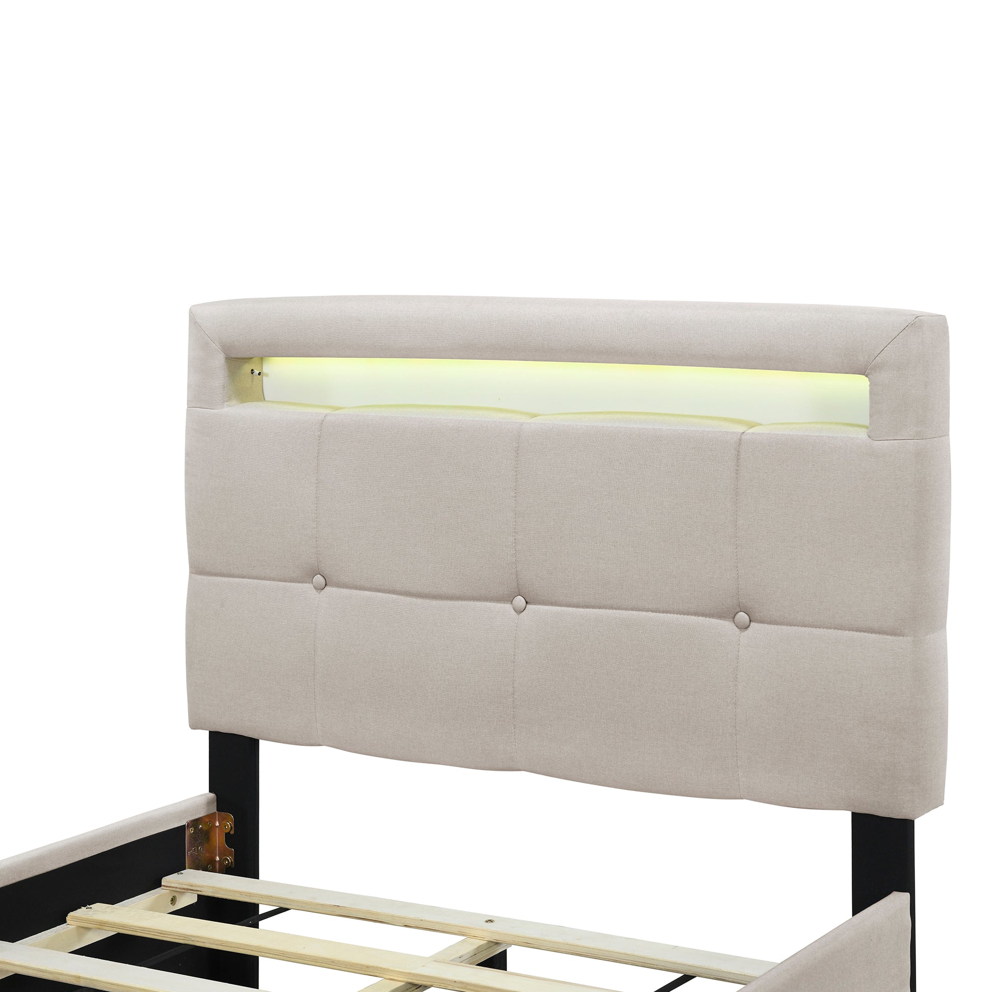 Twin Size Upholstered Platform Bed With Led Frame And 2 Drawers, Linen Fabric, Beige Beige Linen