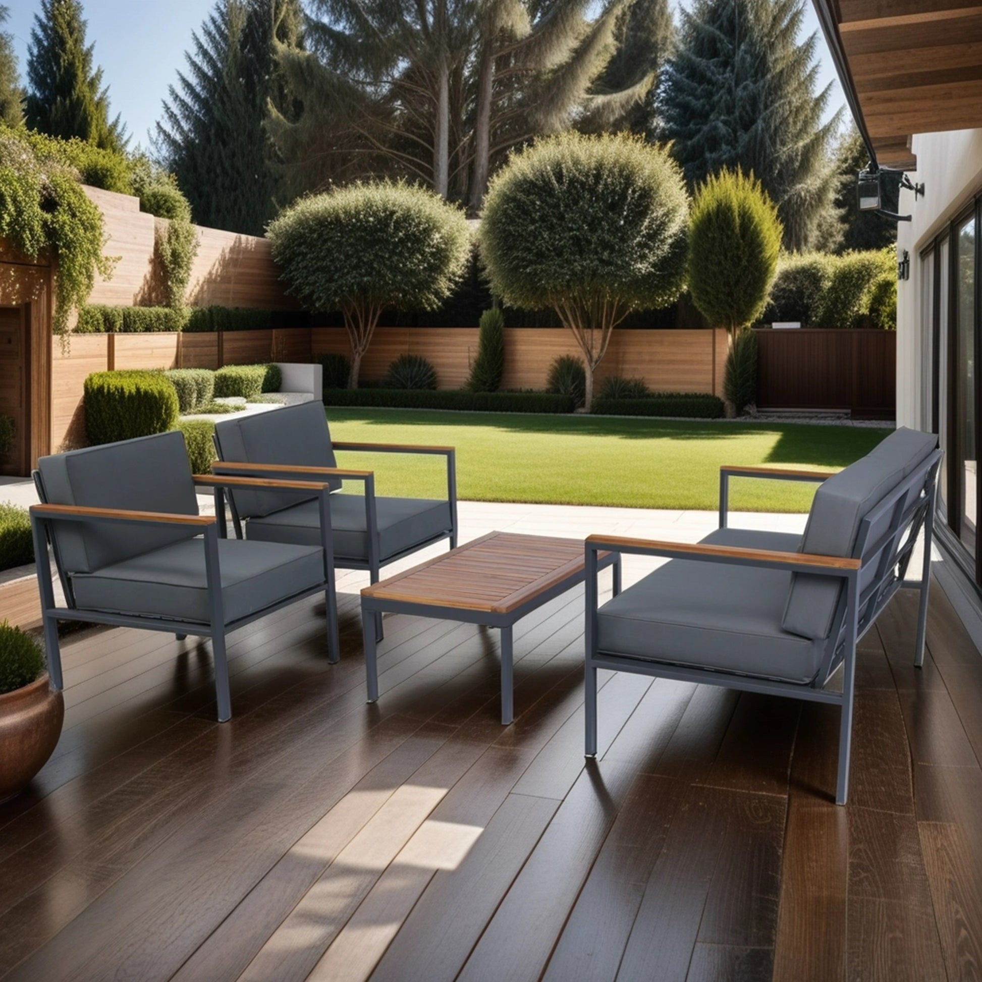 4 Piece Outdoor Sofa Set With Acacia Wood Top, Padded Patio Conversation Table Chair Set W Coffee Table For Garden, Backyard, Poolside Dark Grey Cushion Yes Complete Patio Set Dark Grey Rust Resistant Frame Mildew Resistant Cushion Garden & Outdoor