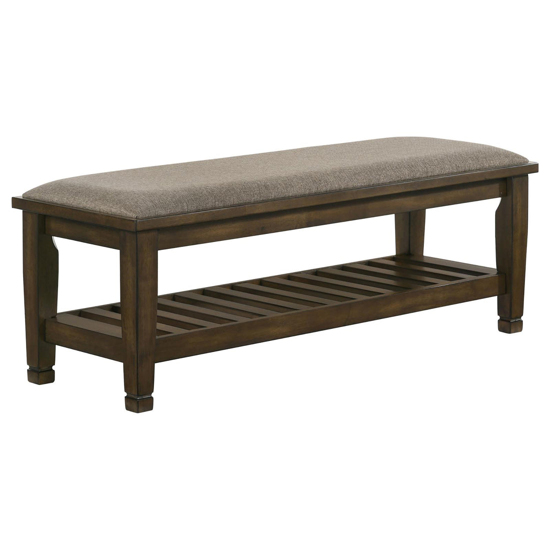 Brown And Burnished Oak Upholstered Bench With Lower Shelf Brown Brown Bedroom Polyester Brown Farmhouse,Rustic Pine Shelves Foam Fabric