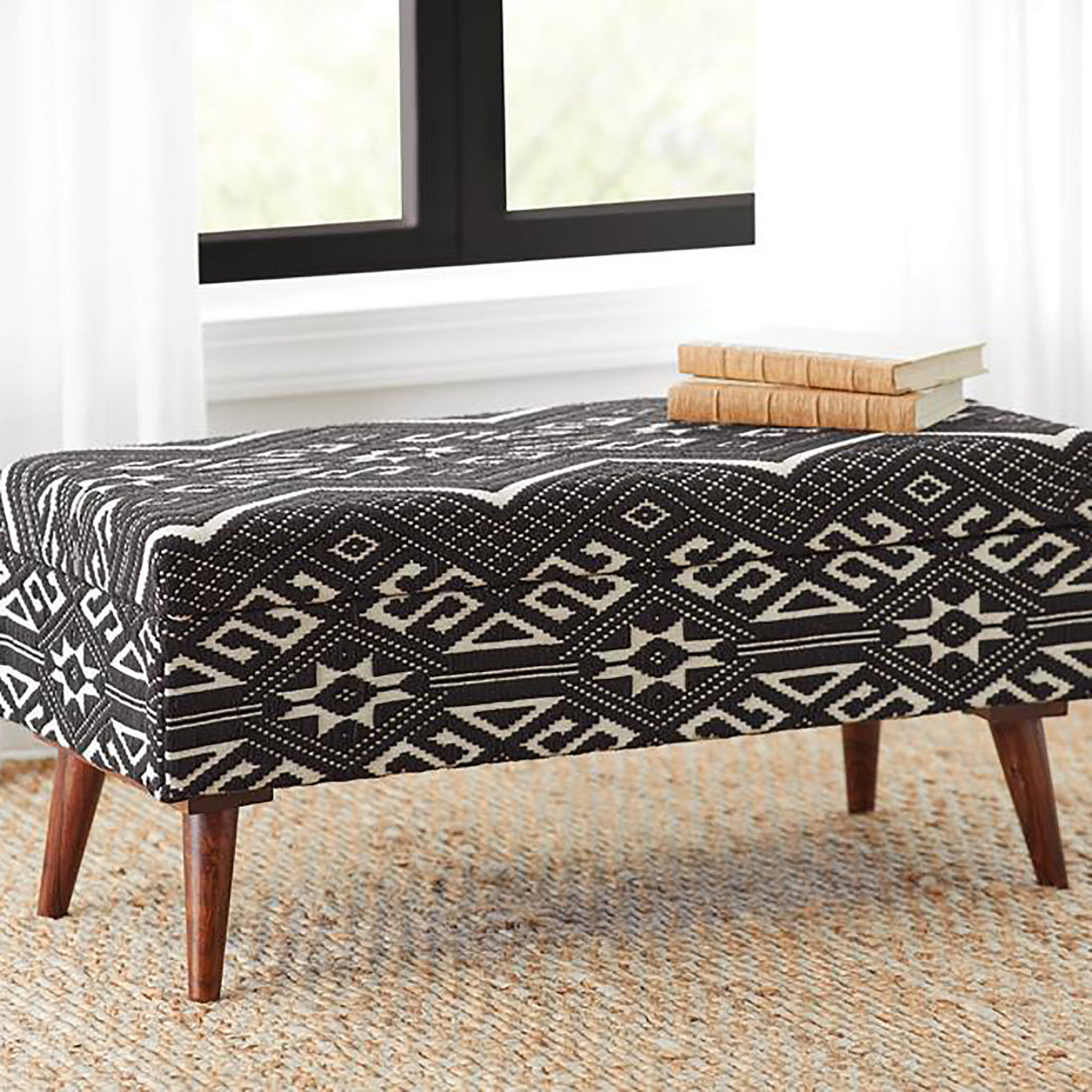 Black And White Upholstered Storage Bench Cushioned Black Brown Primary Living Space Cotton Or Cotton Blend Ikat Black Mid Century Modern Mango Wood Internal Storage Foam Fabric