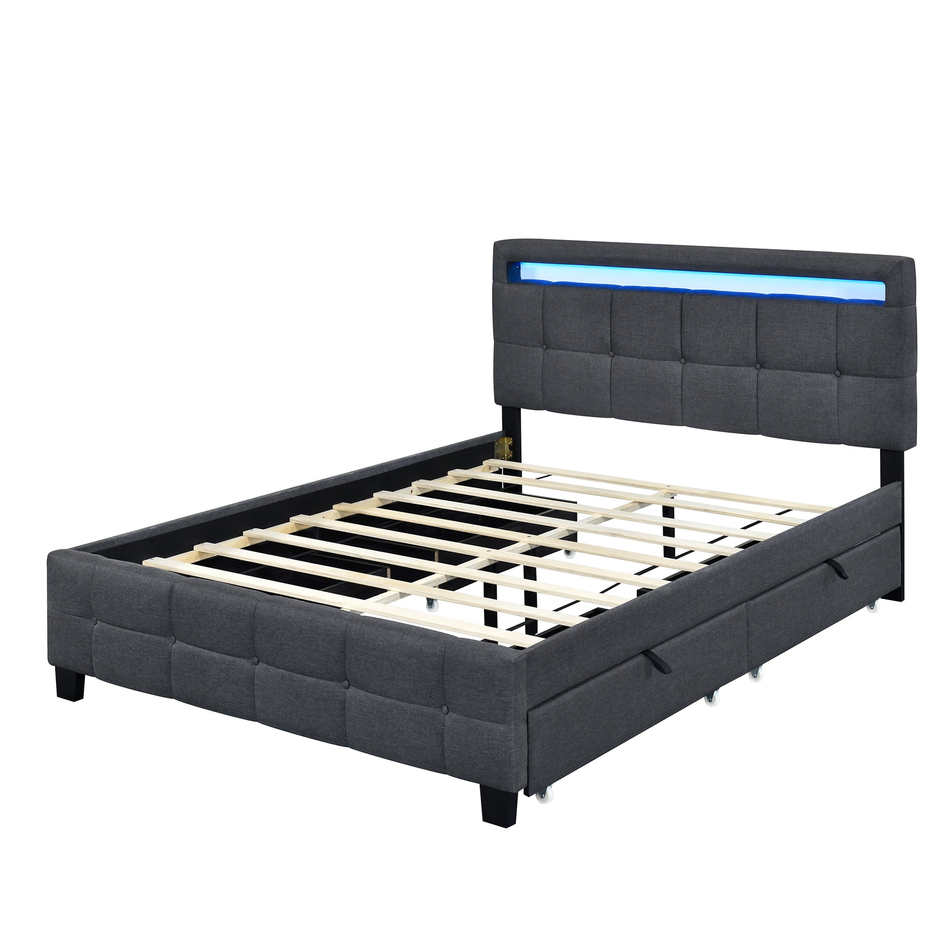 Queen Size Upholstered Platform Bed With Led Frame And 4 Drawers, Linen Fabric, Gray Gray Linen