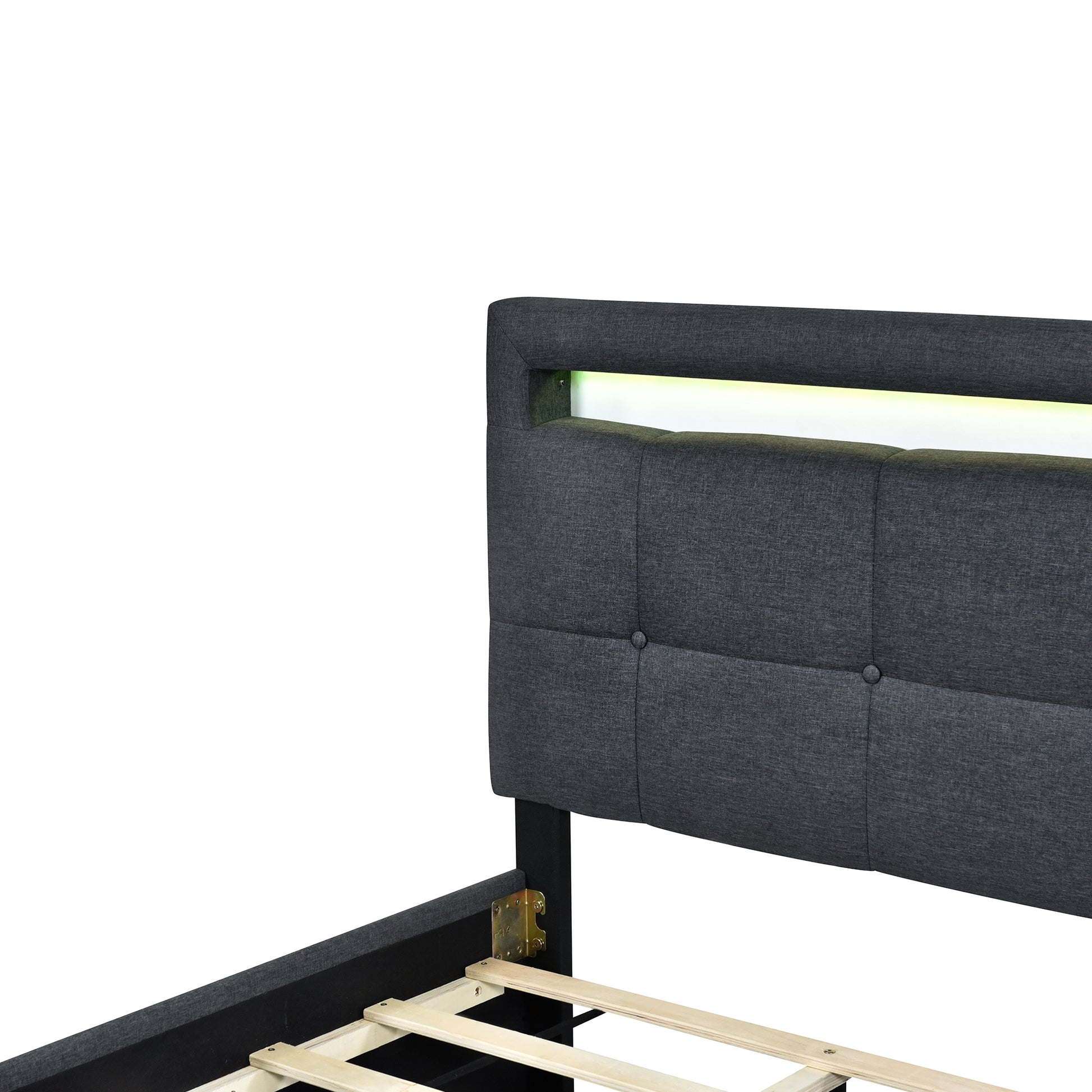 Twin Size Upholstered Platform Bed With Led Frame And 2 Drawers, Linen Fabric, Gray Gray Linen